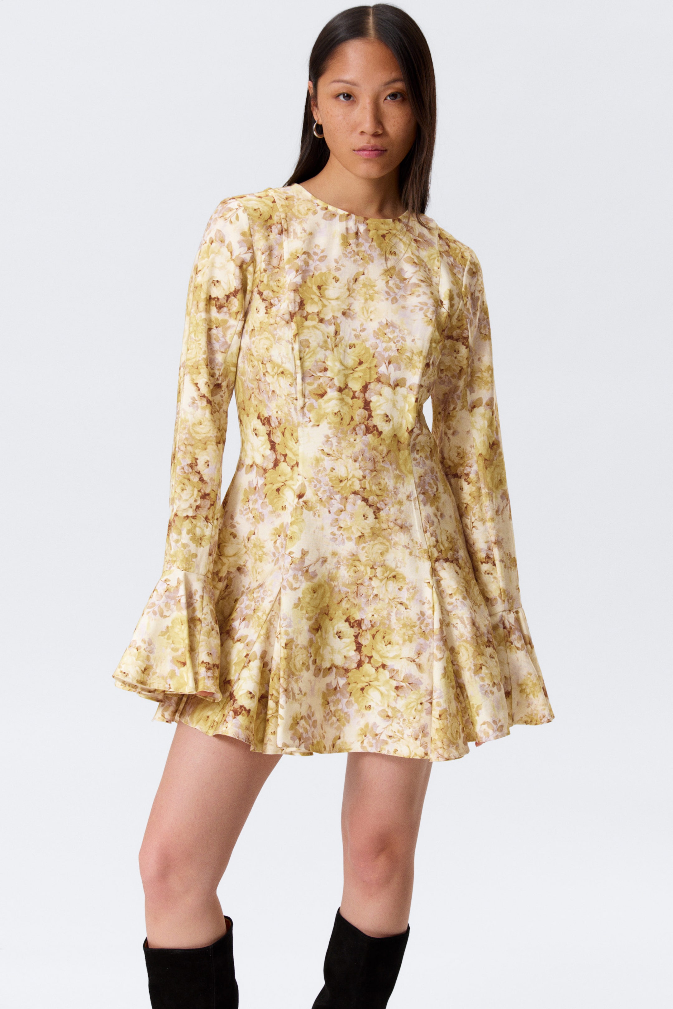 Yellow Floral Print - Slim Long-Sleeved Mini Flounce Dress - 2