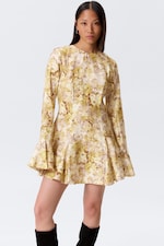 Yellow Floral Print - Slim Long-Sleeved Mini Flounce Dress - 1