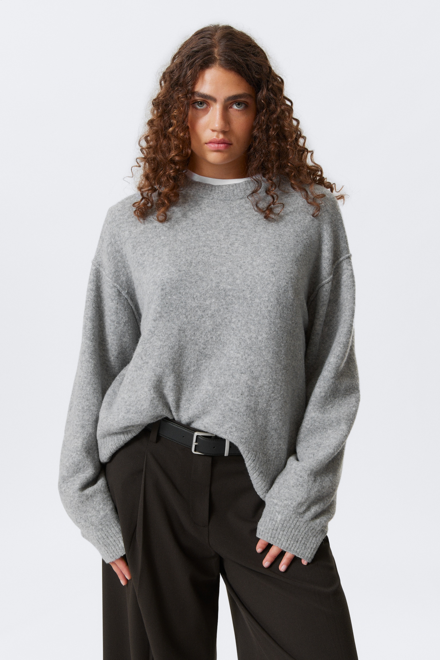 Relaxter Strickpullover - Grau meliert/Dunkelrot meliert