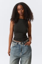 Black & Grey Stripes - Annie Striped Sleeveless Boat-Neck Top - 0