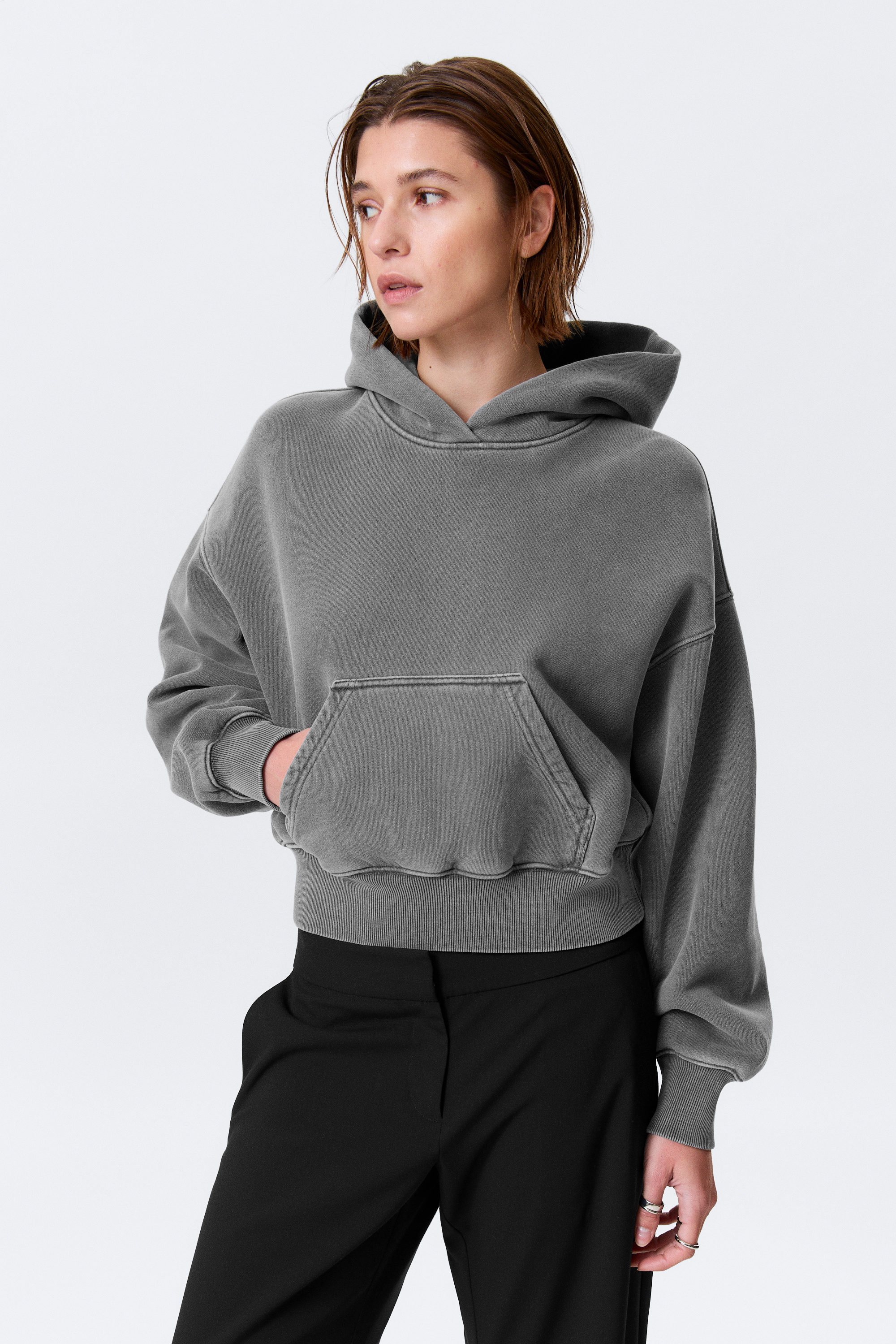 Washed Dark Grey - Boxy Cotton Fleece Hoodie - 2