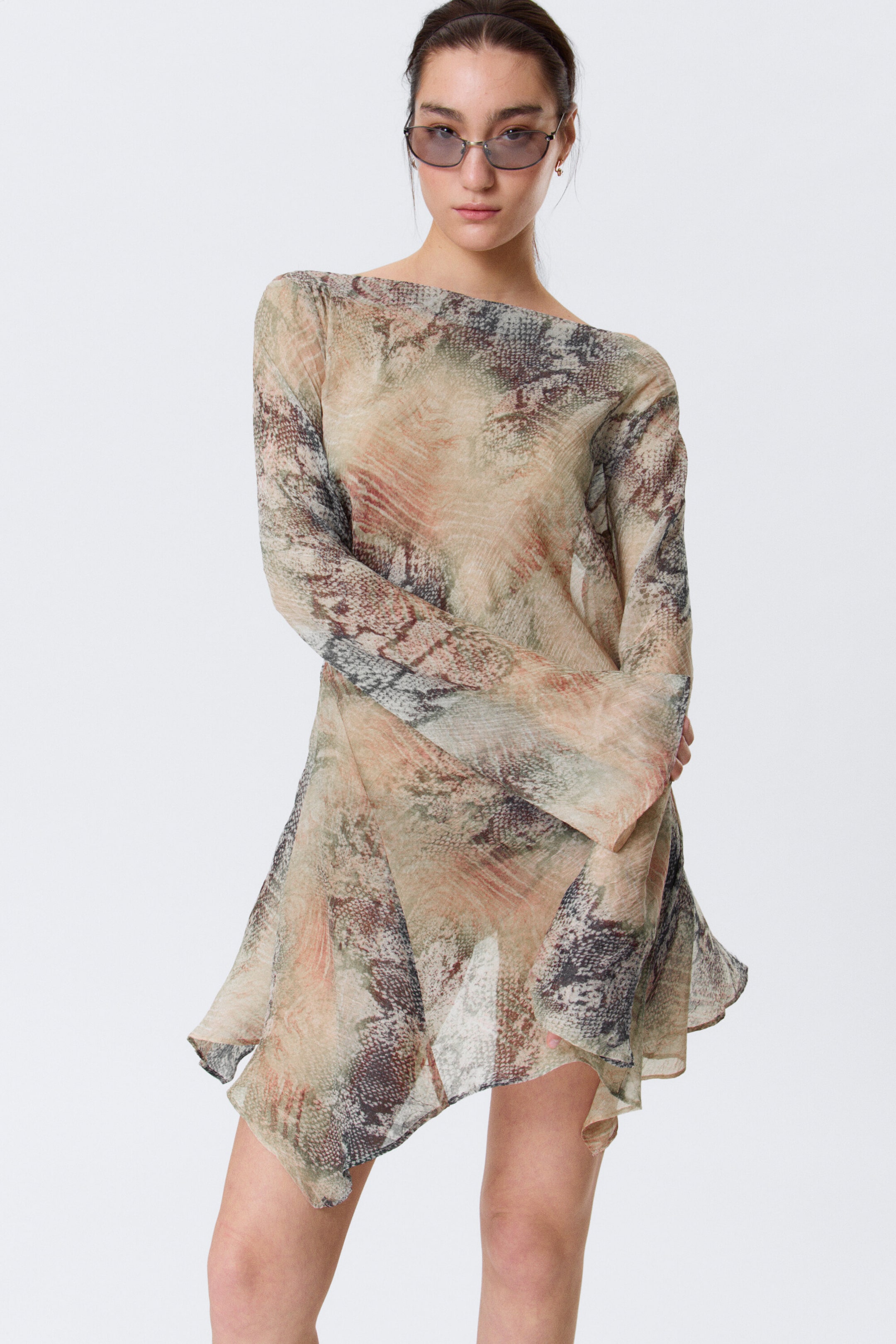 Beige - Snakeskin-patterned - Long-Sleeved Asymmetric Satin Mini Dress - 2