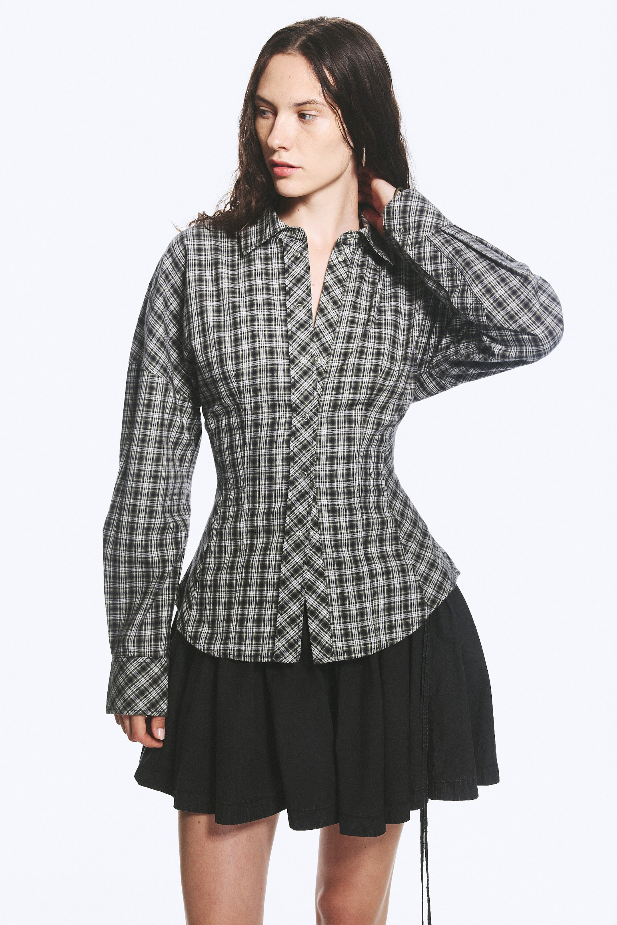 Checked Black/Grey - Waisted A-Line Shirt - 1