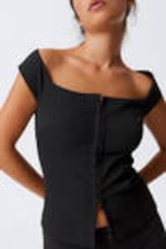 Black Pinstripe - Sleeveless Wide Neck Top - 1