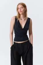Dark Blue - Sleeveless Draped Waterfall Top - 0