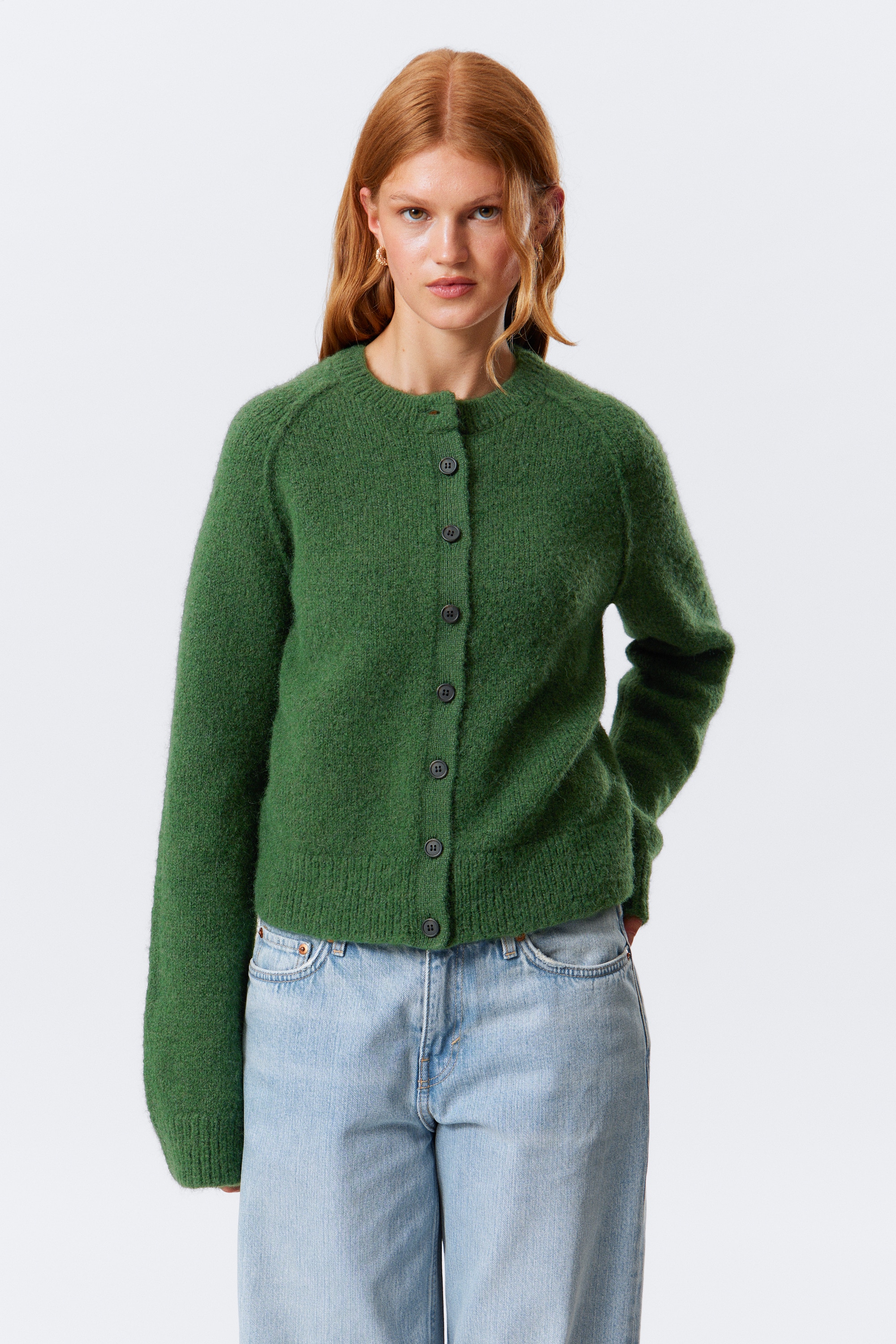 Měkký kardigan z vlněné směsi slim fit - Tmavě zelená/Šedý melír/Světle šedá