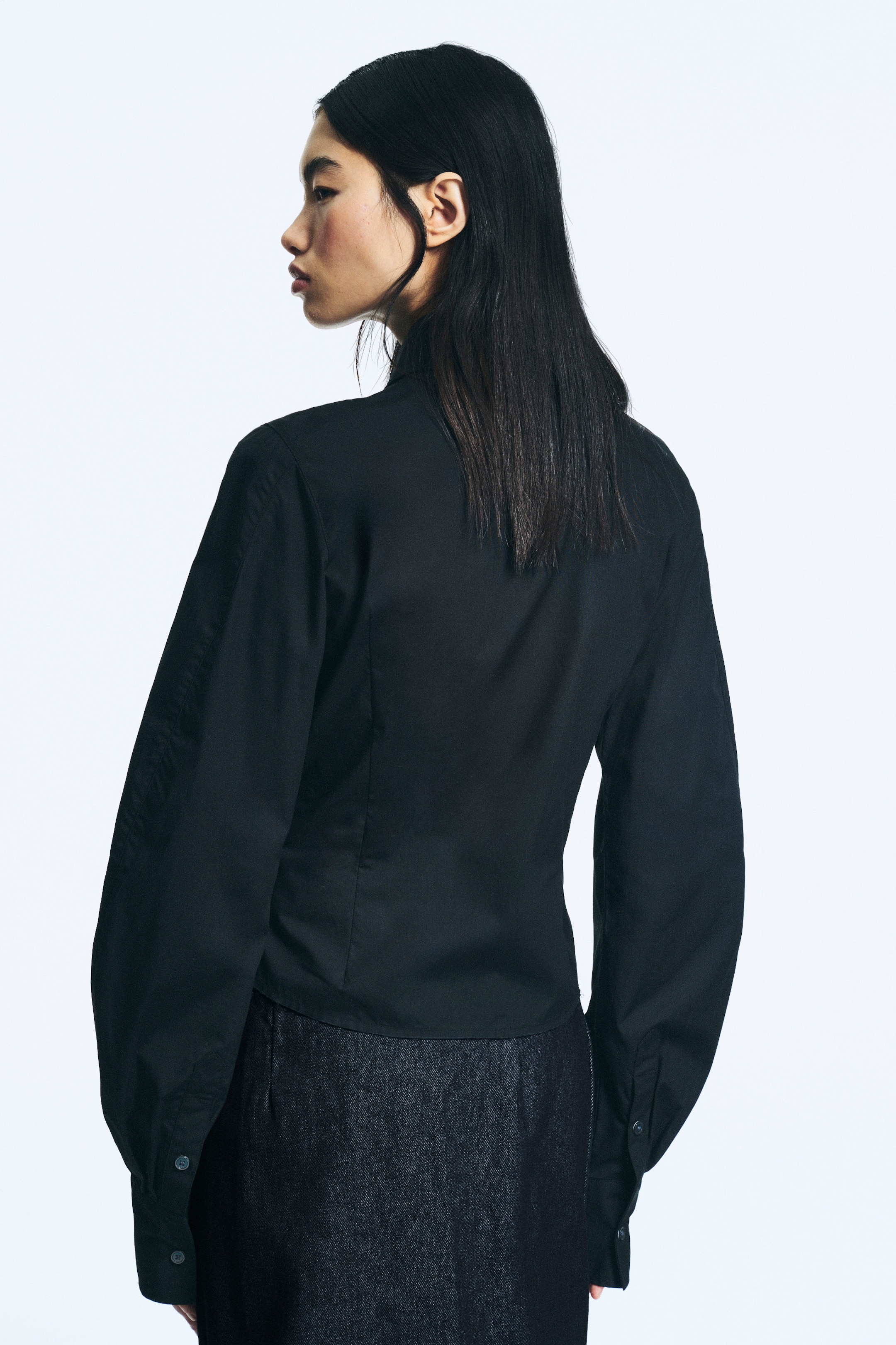 Black - Fitted Tie Detail Poplin Shirt - 2