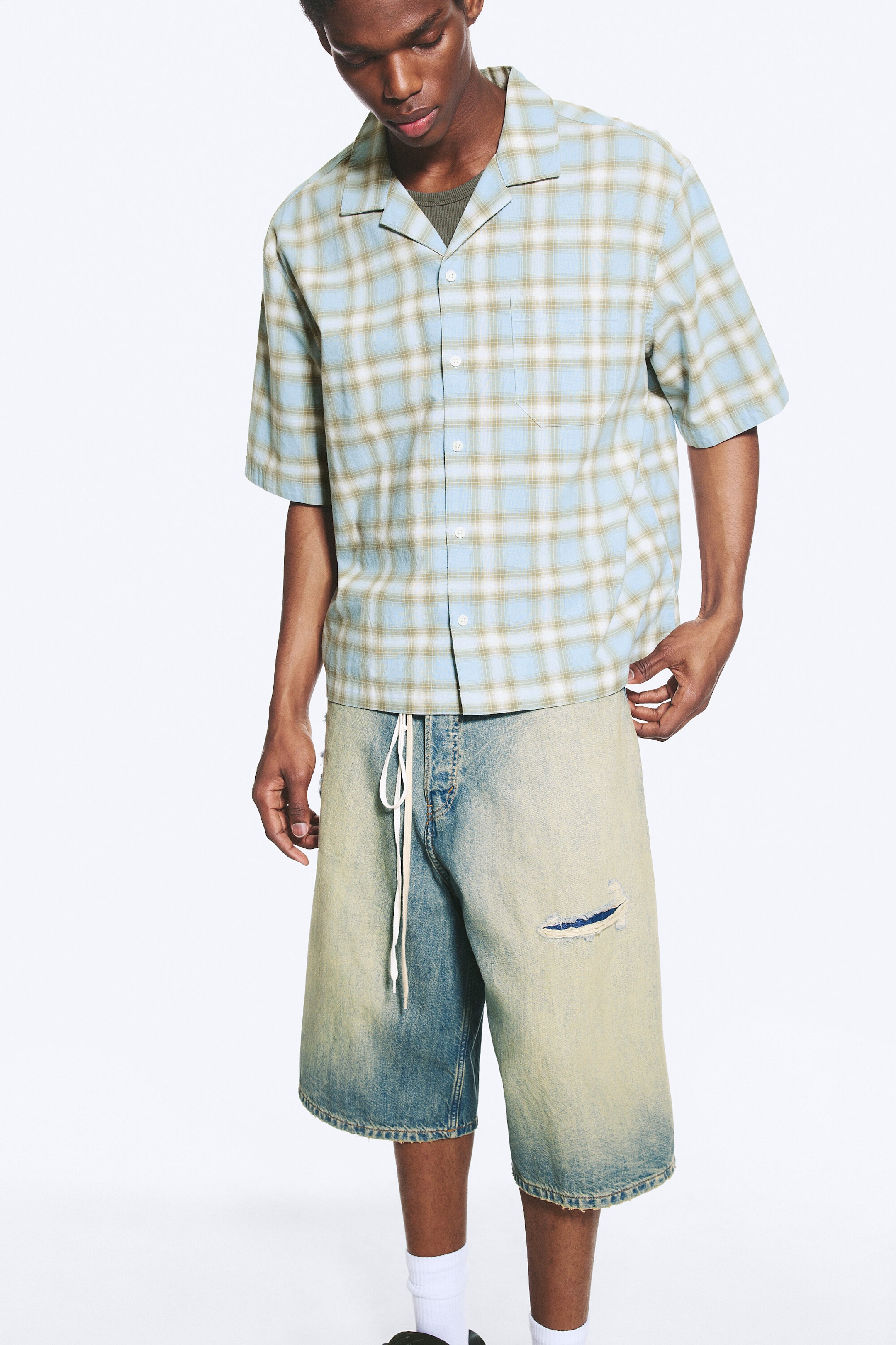 Blue Check - Cotton Short-sleeved buttoned shirt - 2