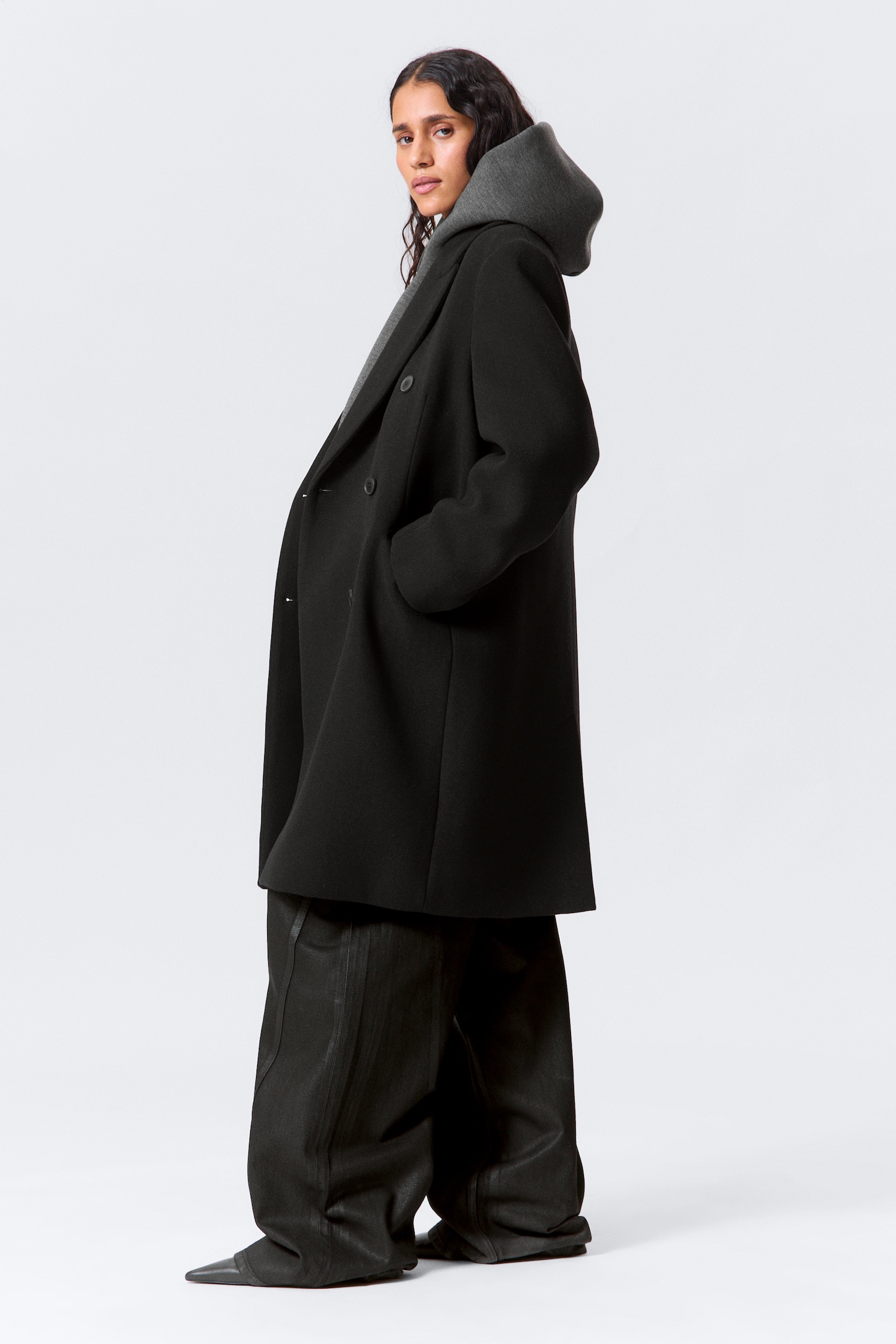 Manteau oversize en laine mélangée - Noir/Vert kaki foncé - 6