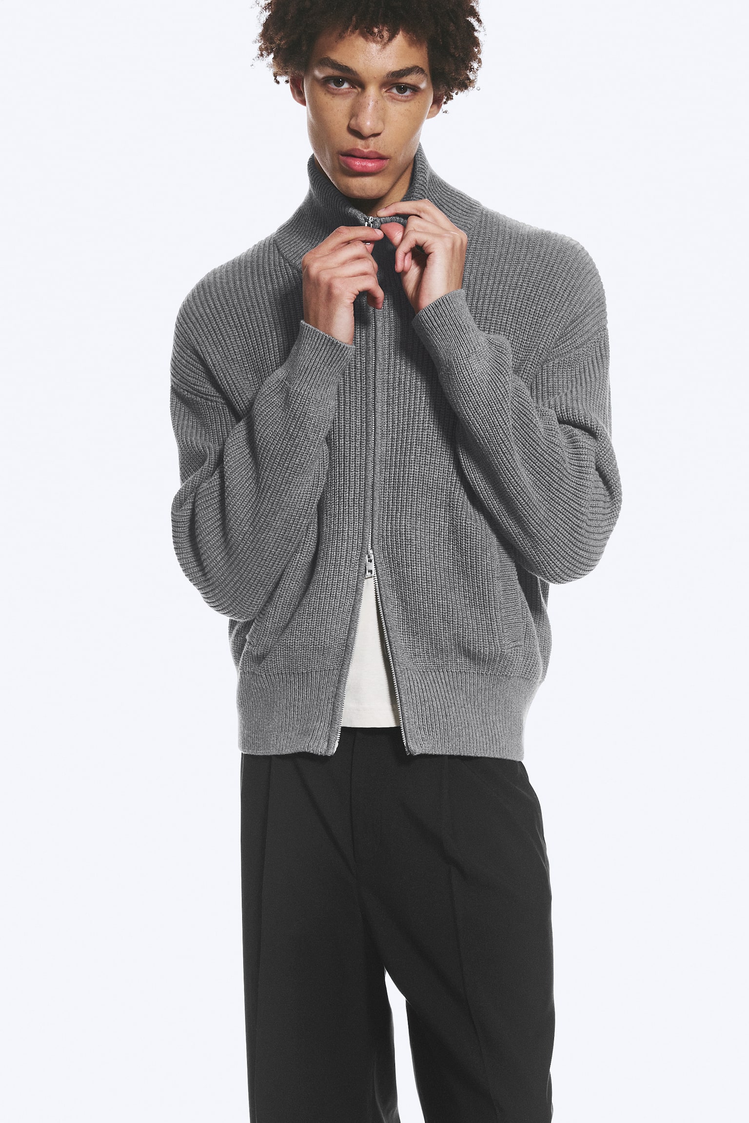 Cardigan con zip e collo alto - Grigio polvere chiaro/Nero - 1