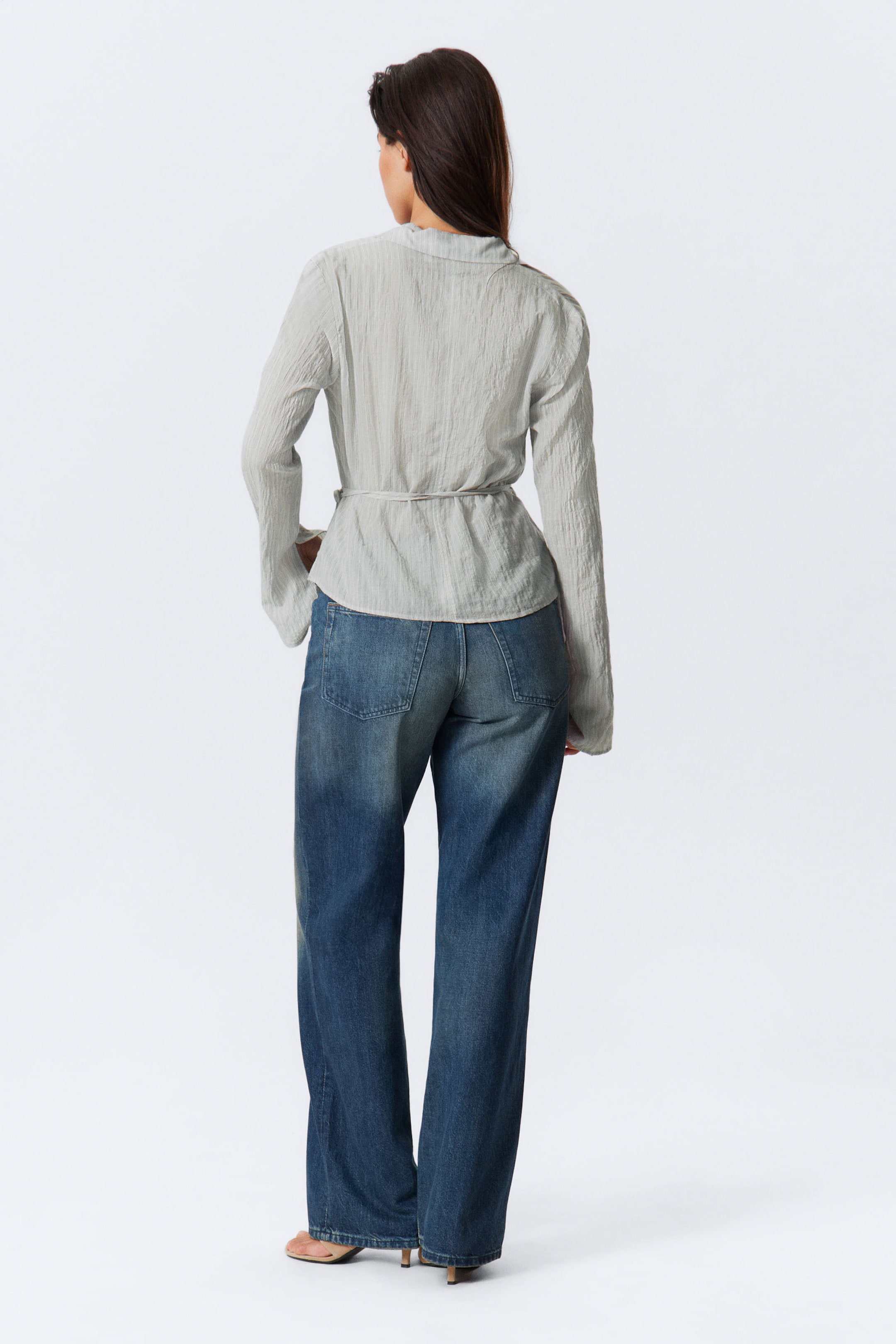 Light Grey - Textured Long-Sleeved Wrap Shirt - 3