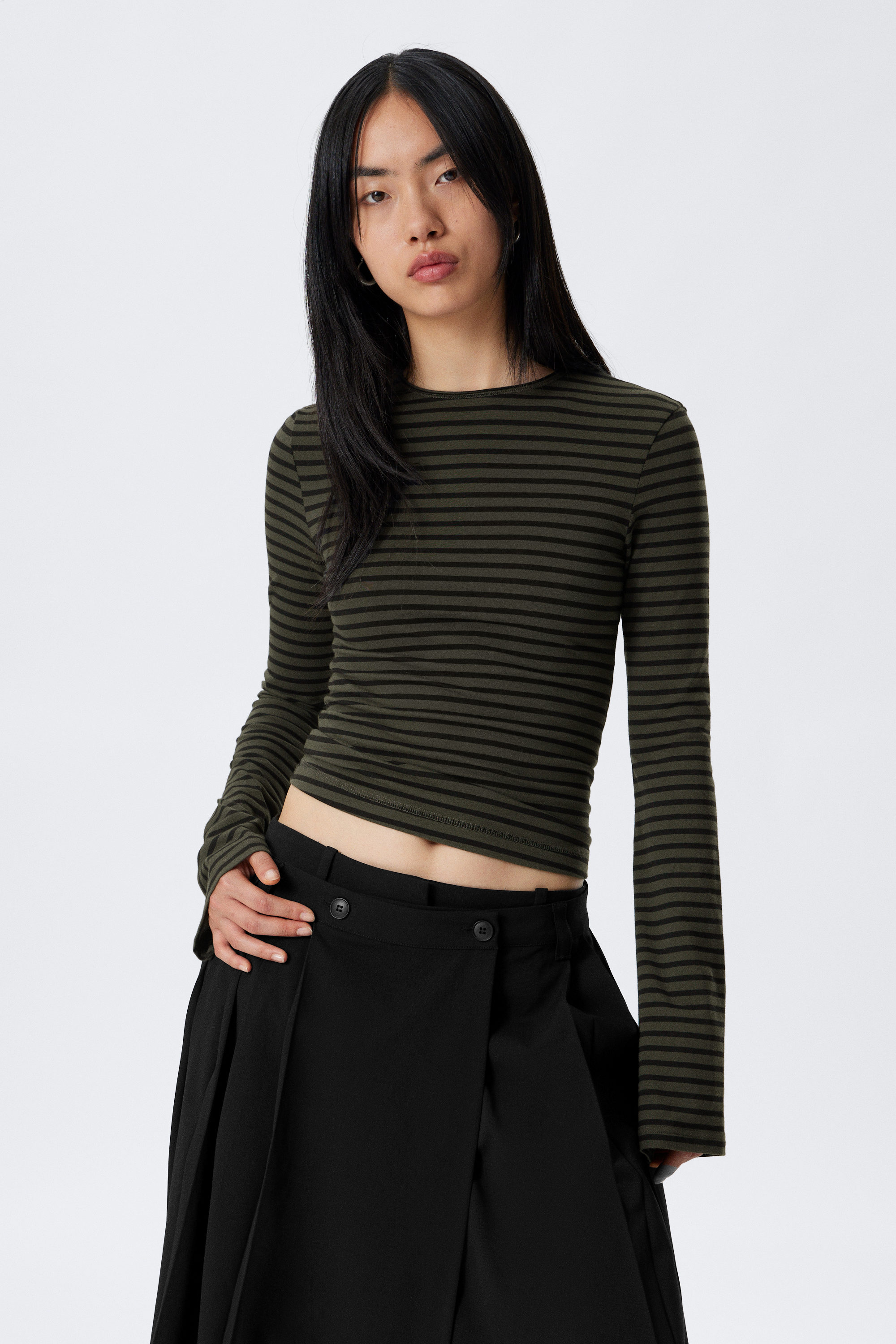 Dunkles Khakigrün gestreift - Longsleeve aus Baumwolle - 1