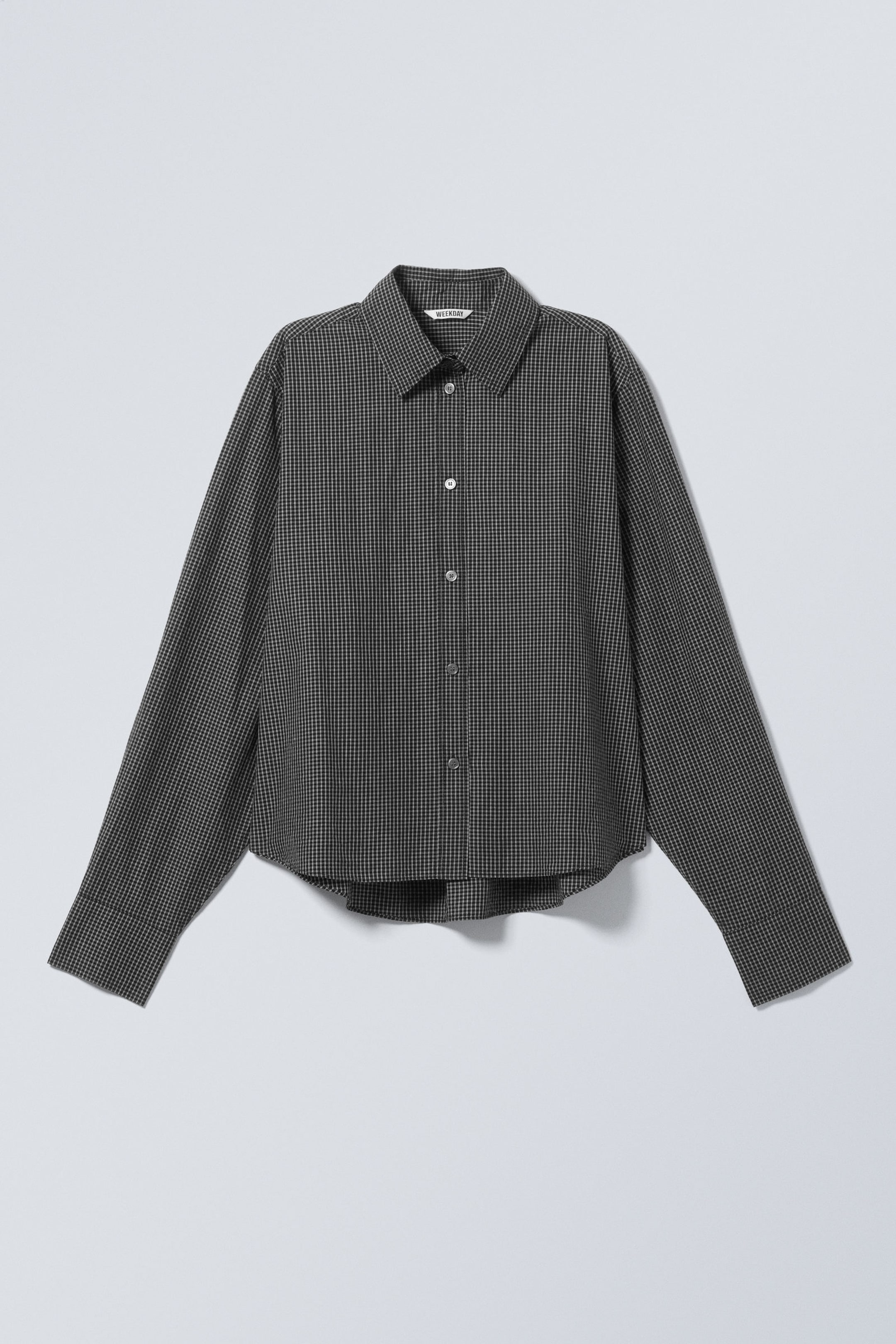Checked Black - Relaxed Cropped Long-Sleeved Cotton Shirt - 4