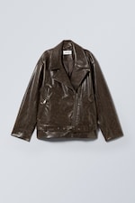 Dark Brown - Oversized Faux Leather Biker Jacket - 0