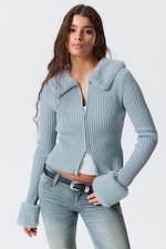Light Dusty Blue - Slim Faux Fur Trim Zip Cardigan - 0