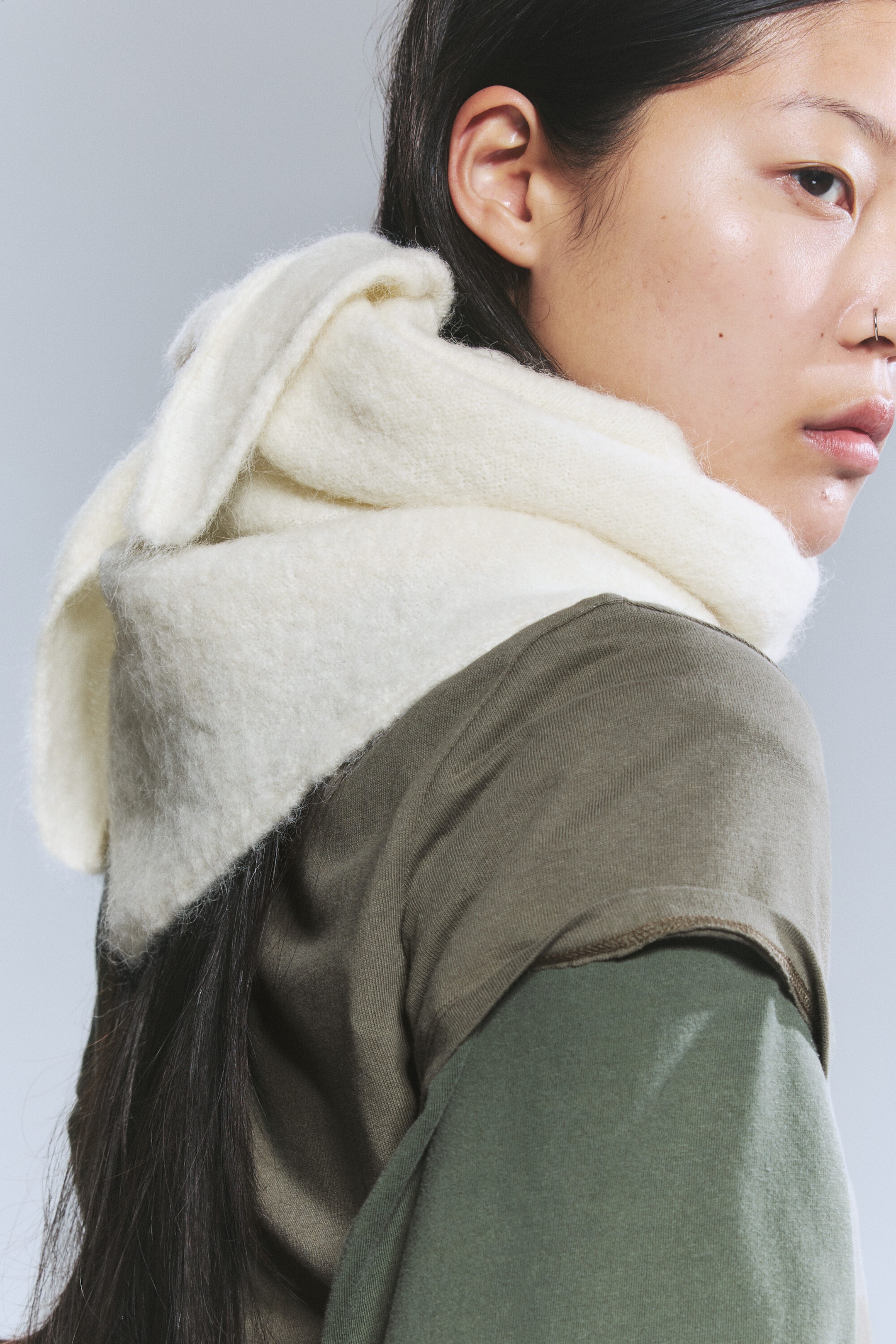 White - Hairy Wool-Blend Triangle Scarf - 1