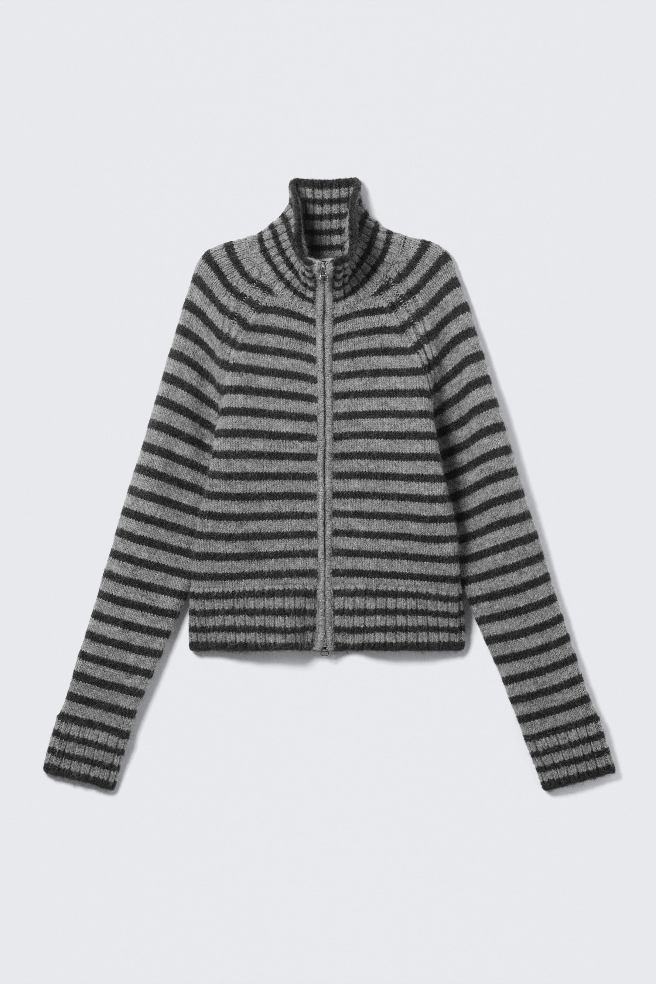 Black & Grey Stripes - Soft Knitted Fitted Zip Cardigan - 3