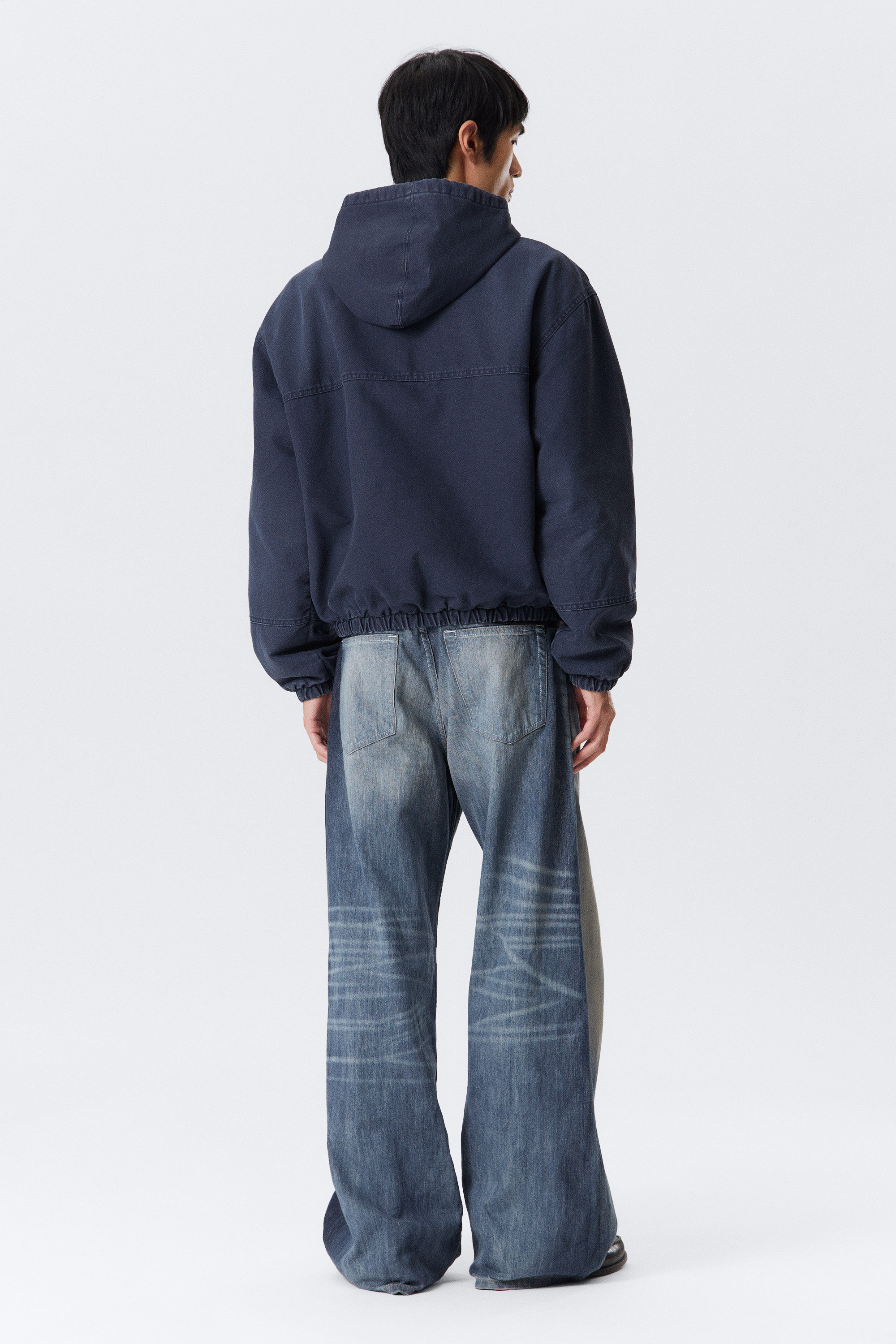 Washed Navy Blue - Relaxed Hooded Bomber Jacket - 4