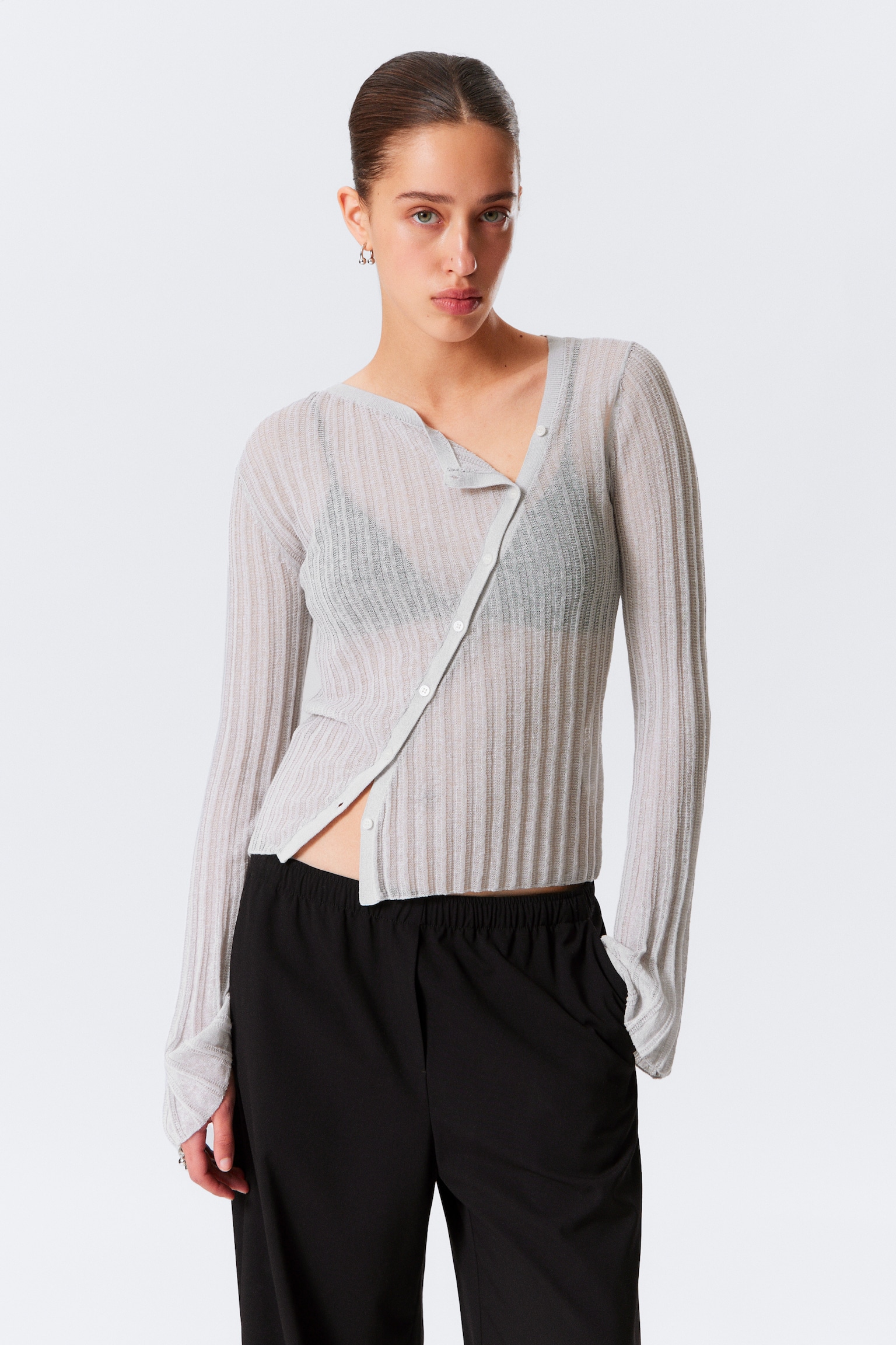 Asymmetrischer Cardigan aus Leinenmischung - Hellgrau/Schwarz