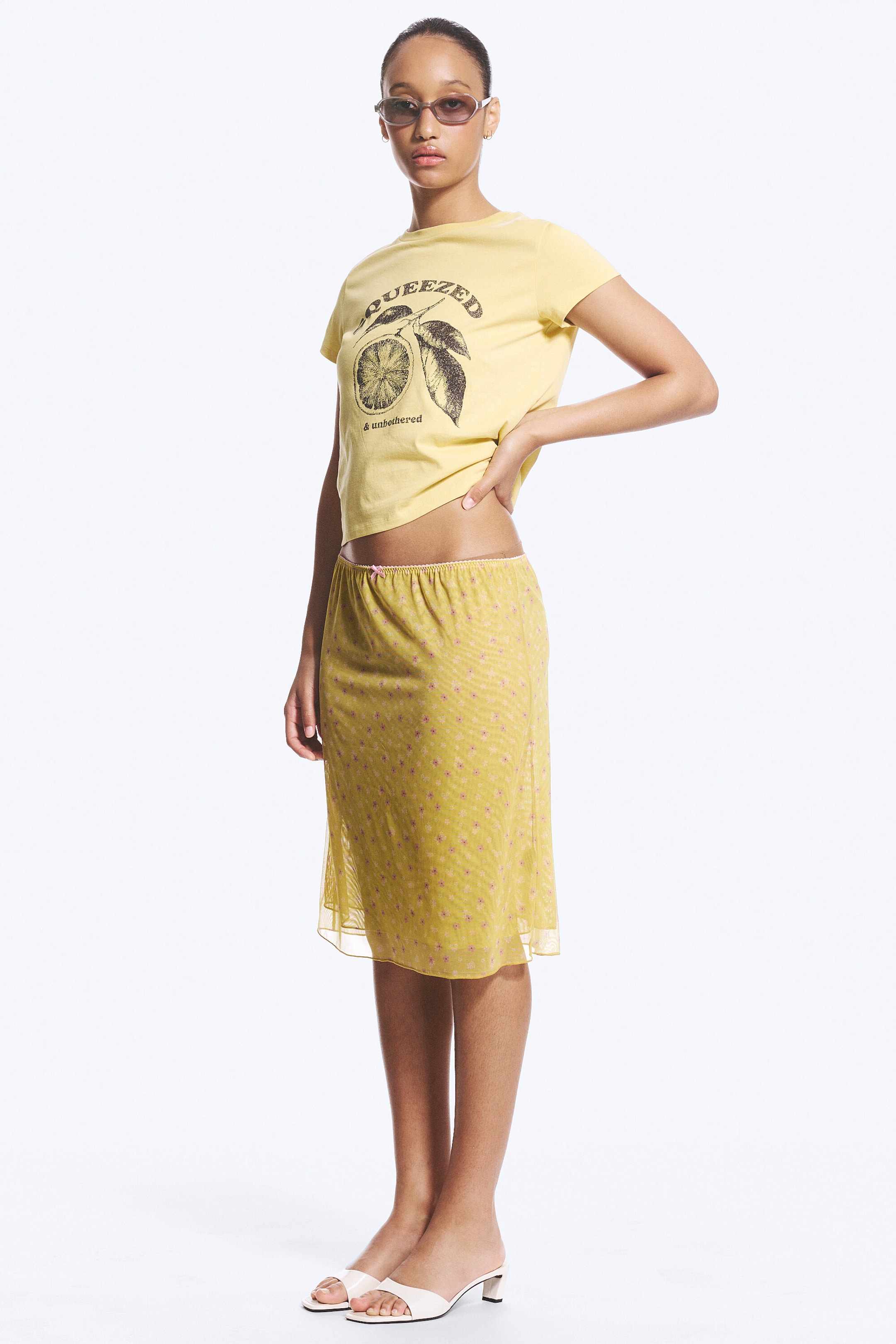 Lime Yellow - Floral - Double Layered Mesh Skirt - 2