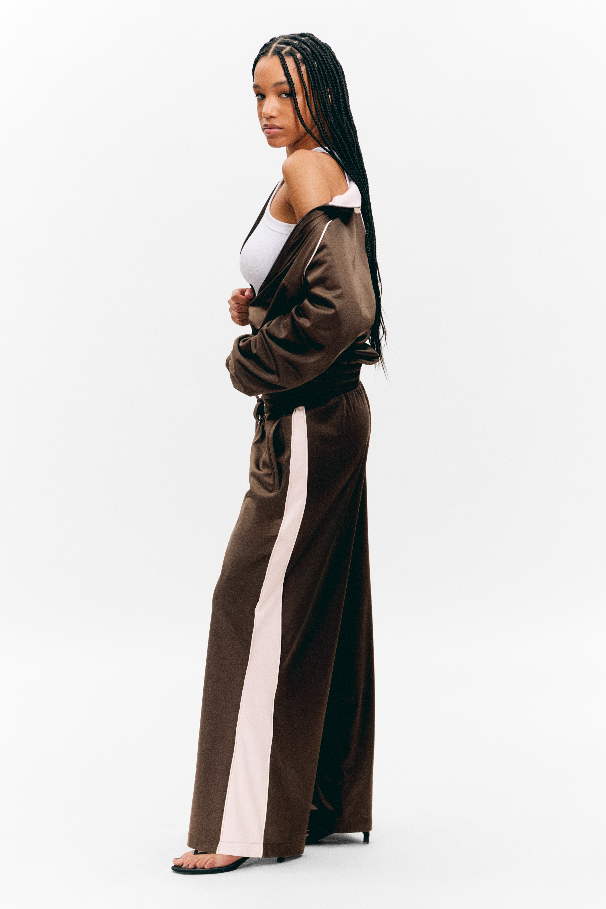 Wide Relaxed Fit Track Trousers - mørkebrun - pink striber