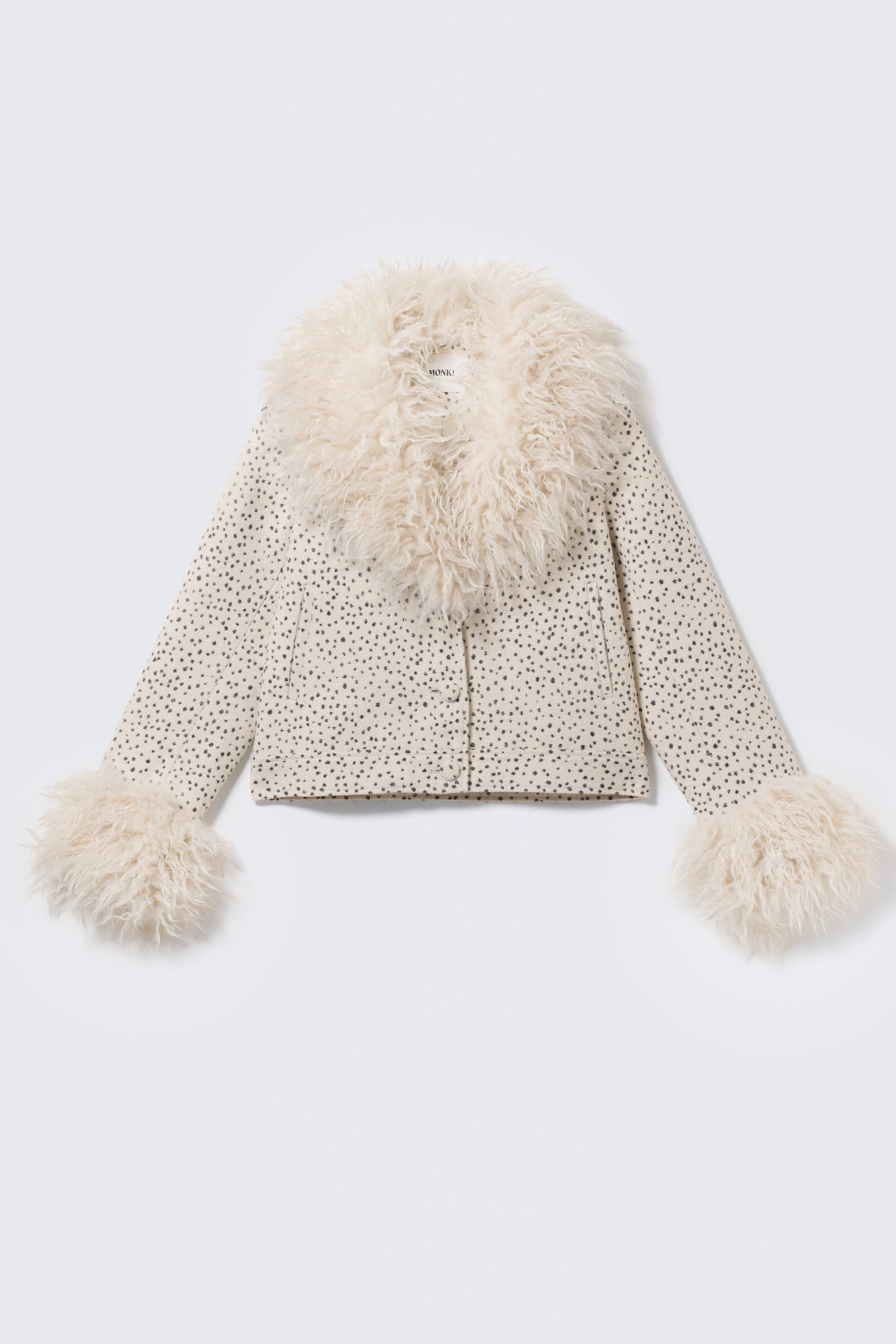 Dusty White - Black Dots - Cropped Faux Fur Trim Jacket - 3