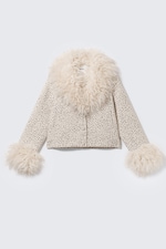 Dusty White - Black Dots - Cropped Faux Fur Trim Jacket - 3