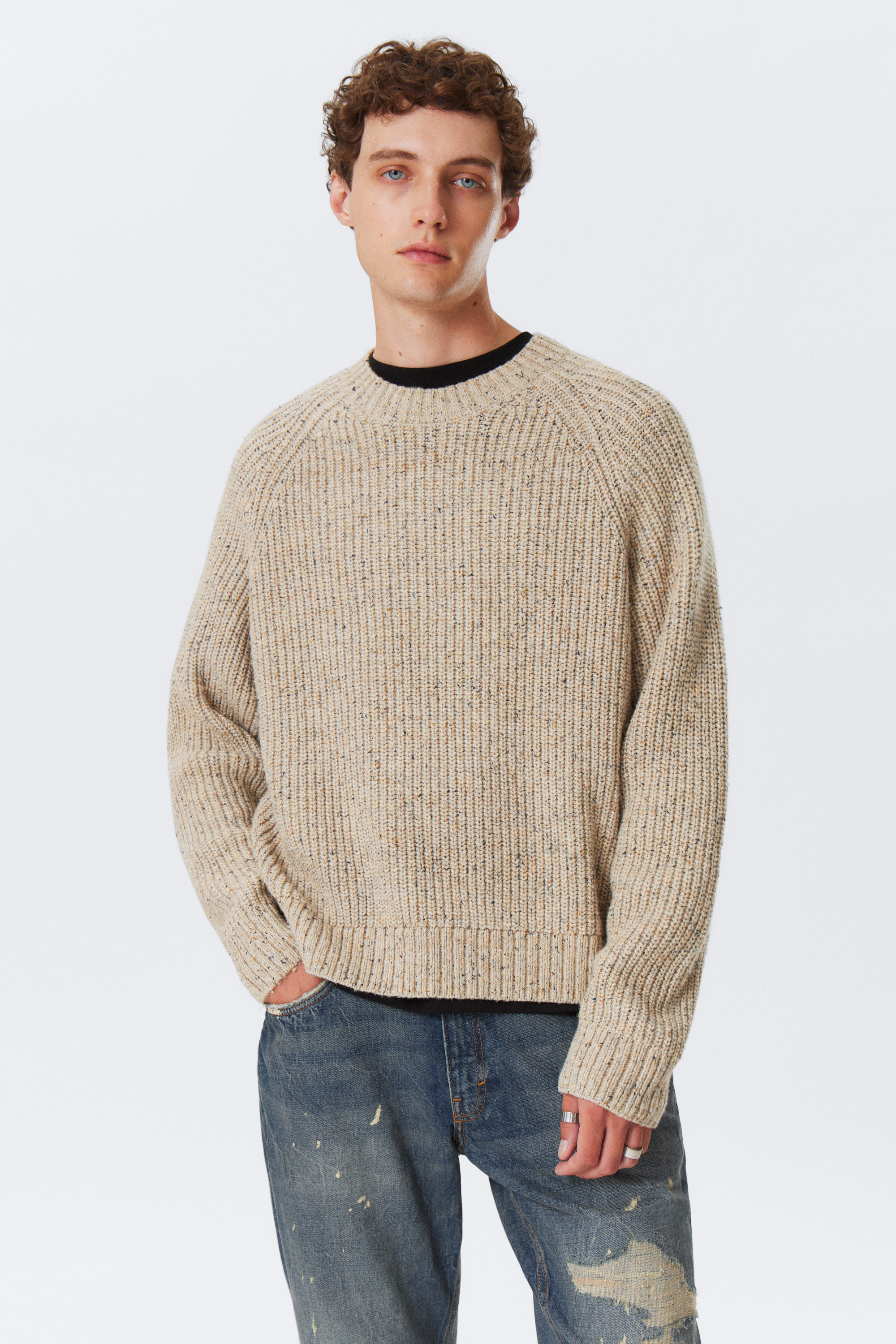 Dusty Ecru Melange - Relaxed Fit Nepped Knit Sweater - 1