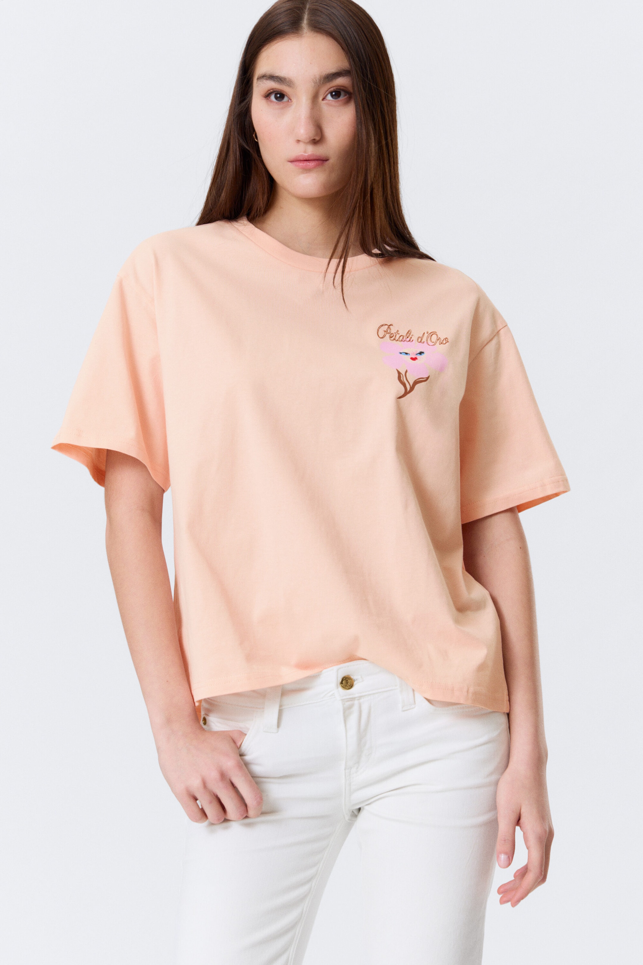 Light Orange - Pink Flower - Printed Boxy T-shirt - 0