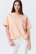 Light Orange - Pink Flower - Printed Boxy T-shirt - 0