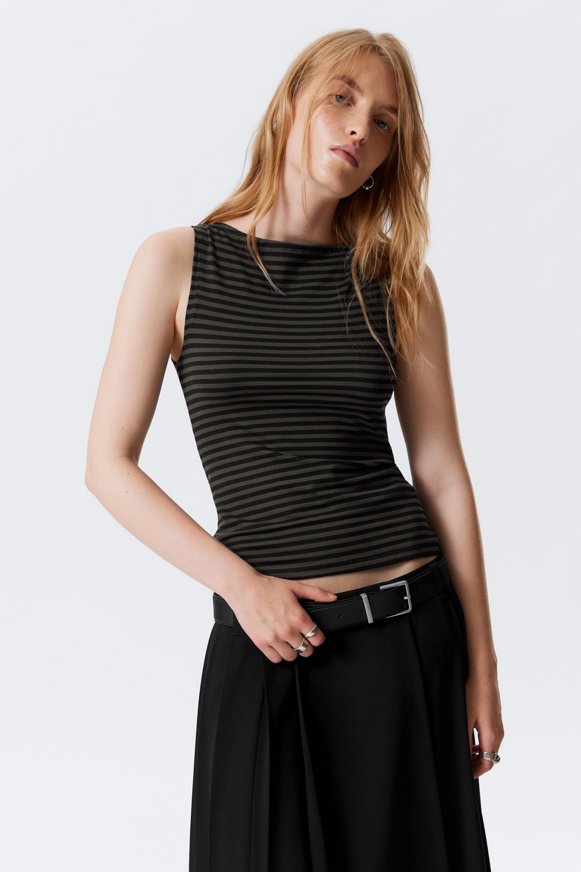 Black & Grey Stripes - Annie Striped Sleeveless Boat-Neck Top - 2