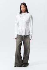 White - Gathered Waist Cotton Poplin Shirt - 2