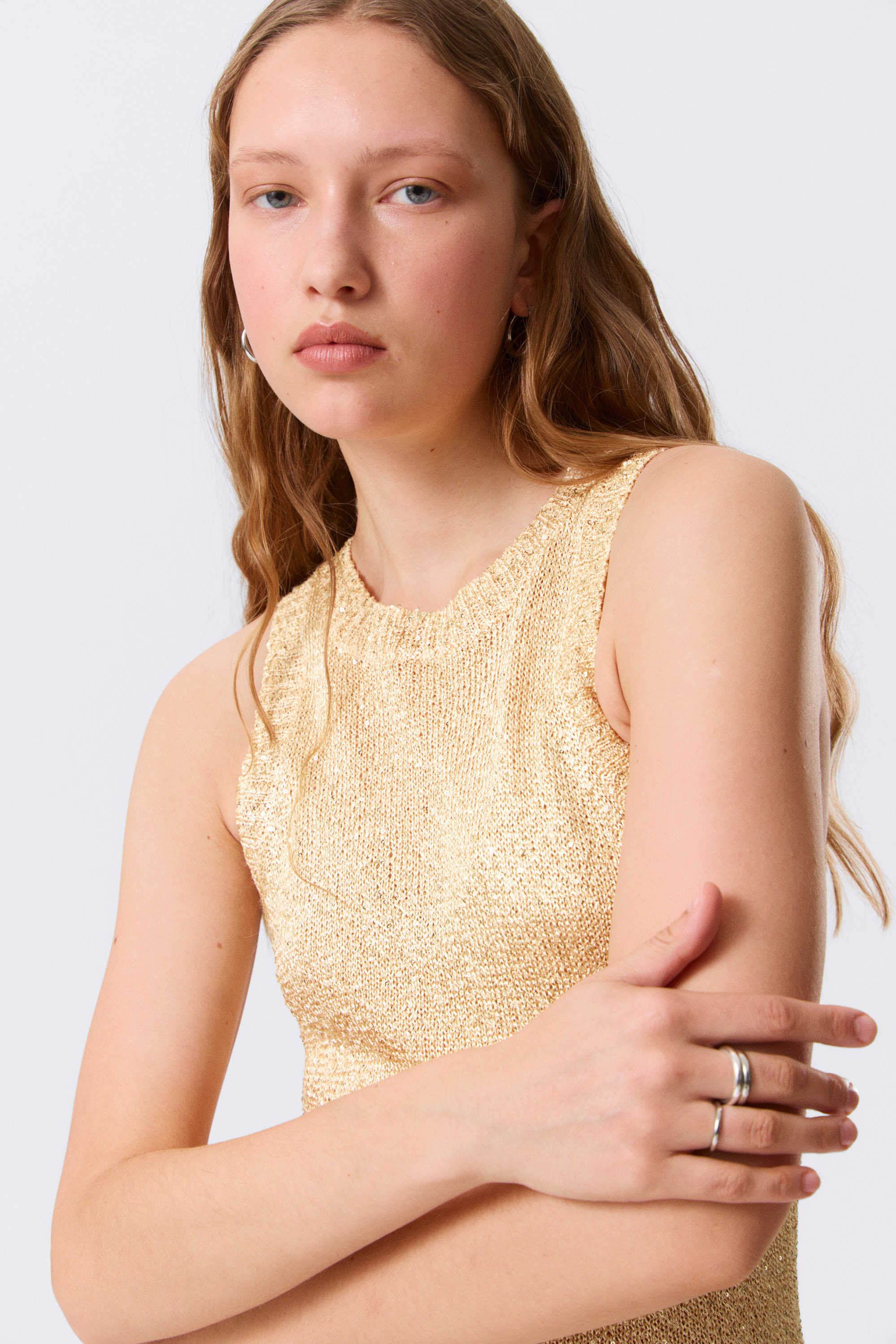 Golden Beige - Sheer Knitted Sequined Mini Dress - 2