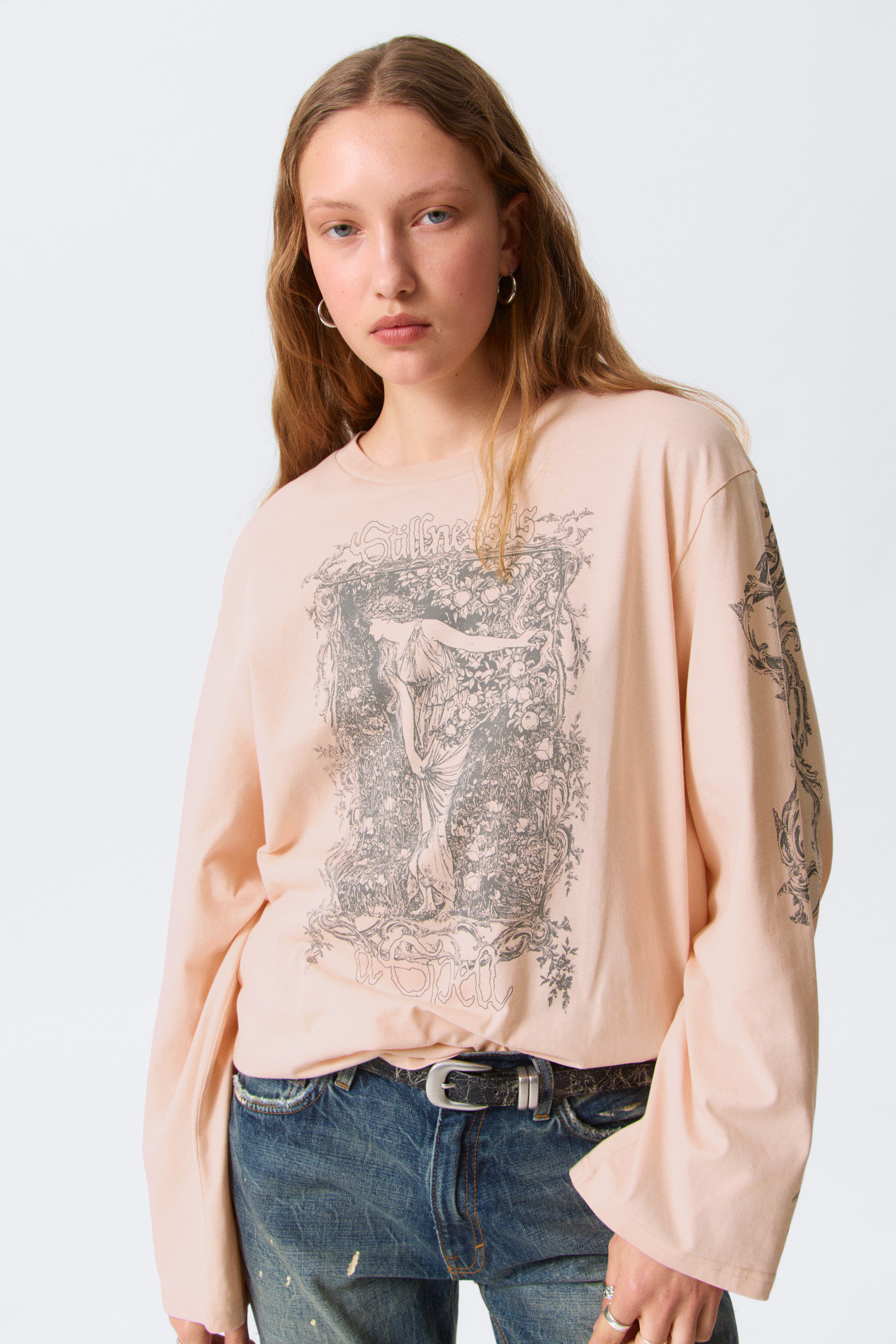 Printed Light Pink - Printed Long-Sleeved Cotton T-shirt - 2