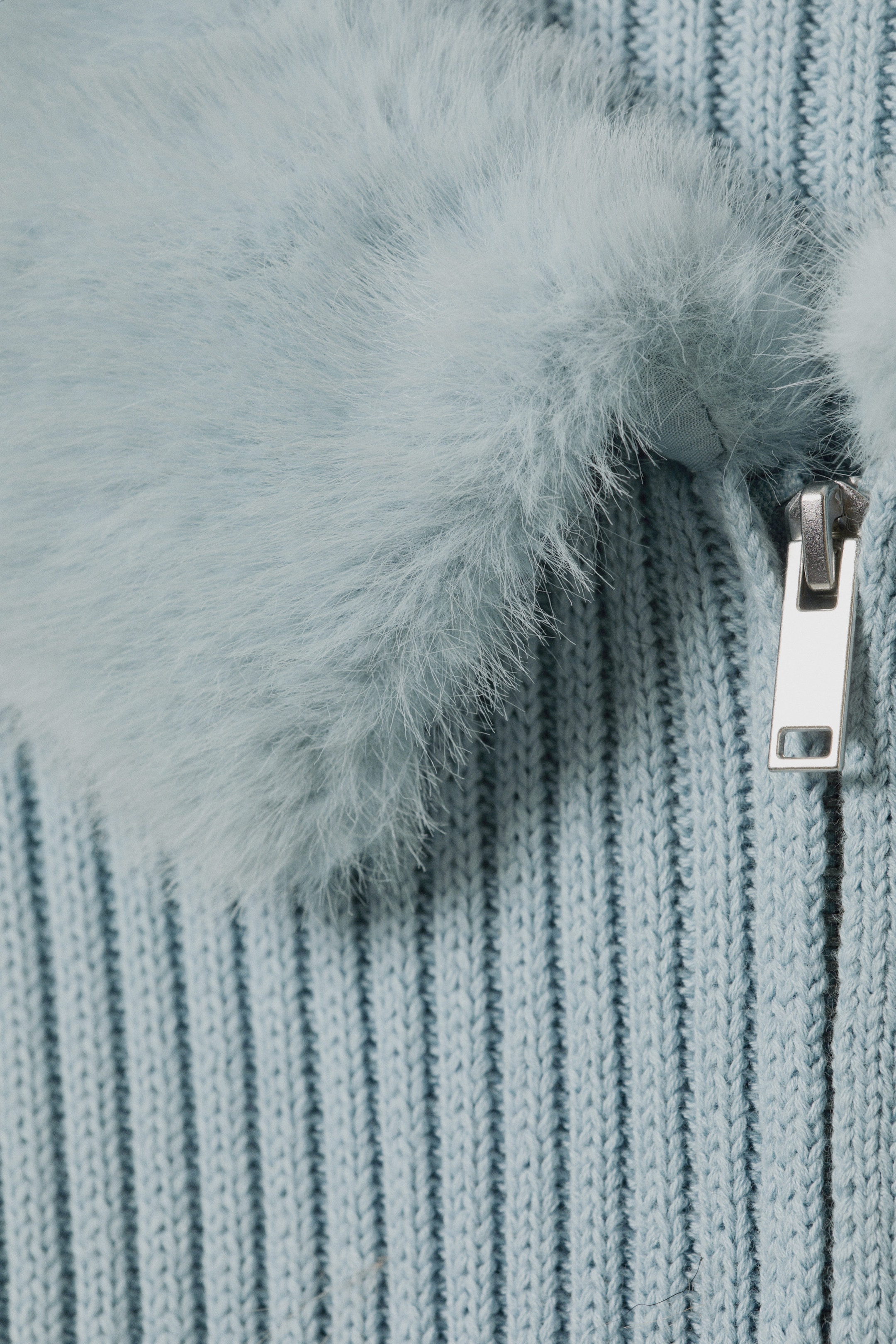 Light Dusty Blue - Slim Faux Fur Trim Zip Cardigan - 4