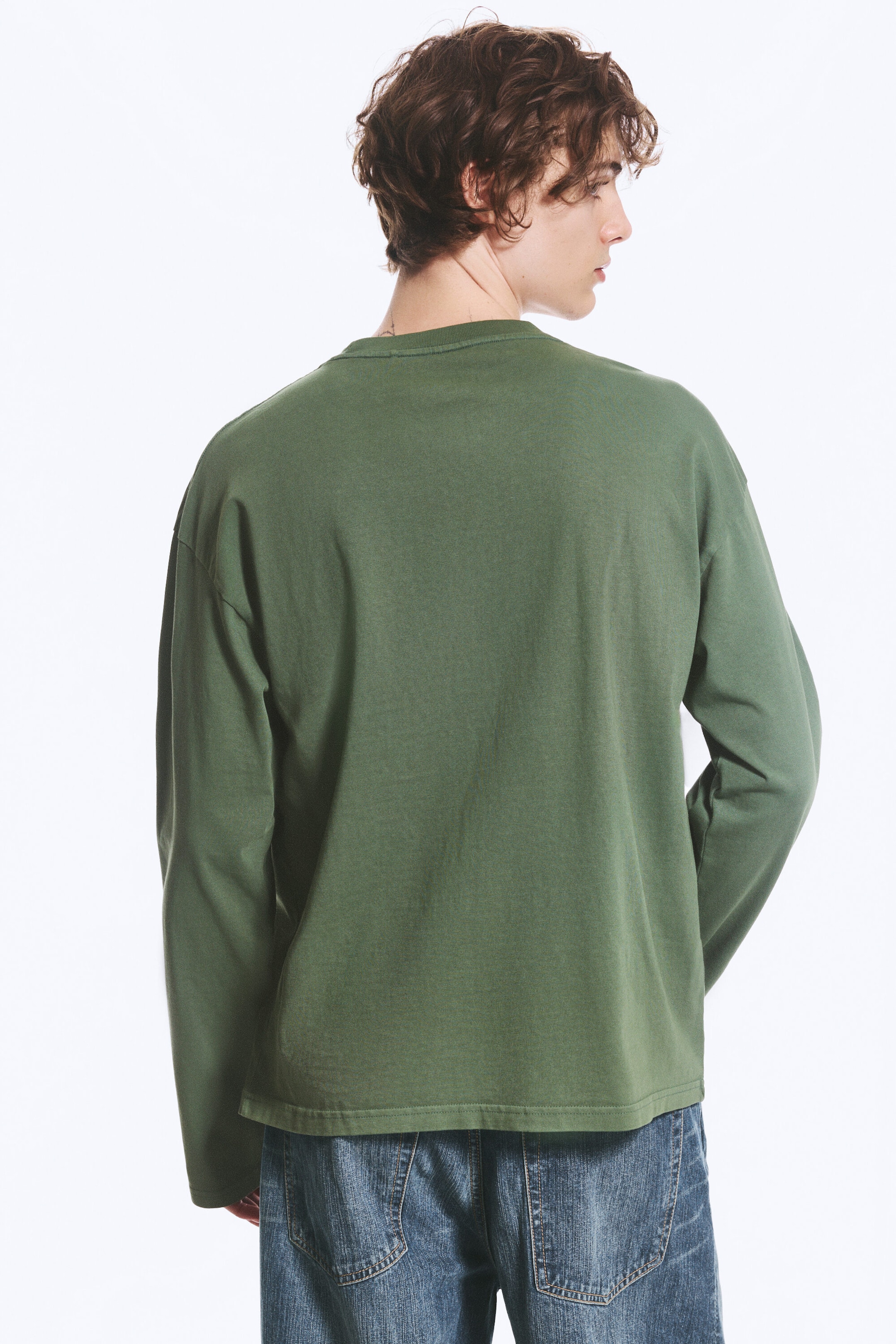 Vit & Grön-randig - Långärmad T-shirt med lös boxig passform - 2