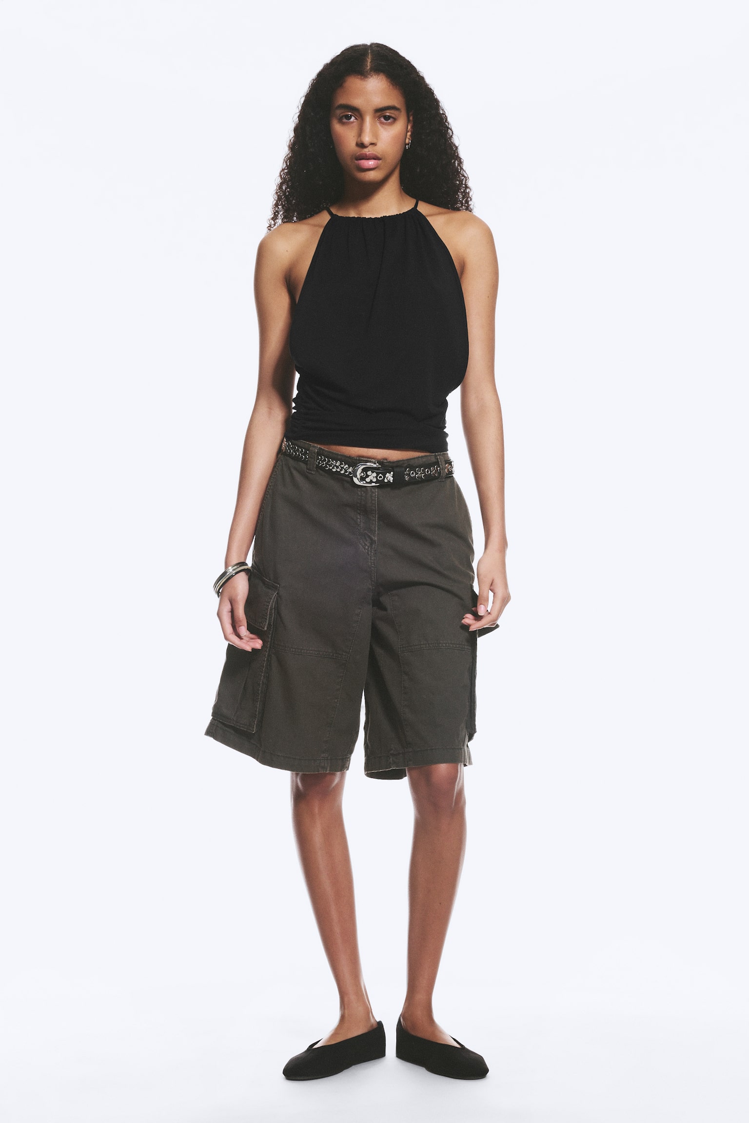 Haut sans manches froncé à col halter - Noir/Vert kaki cendré - 4