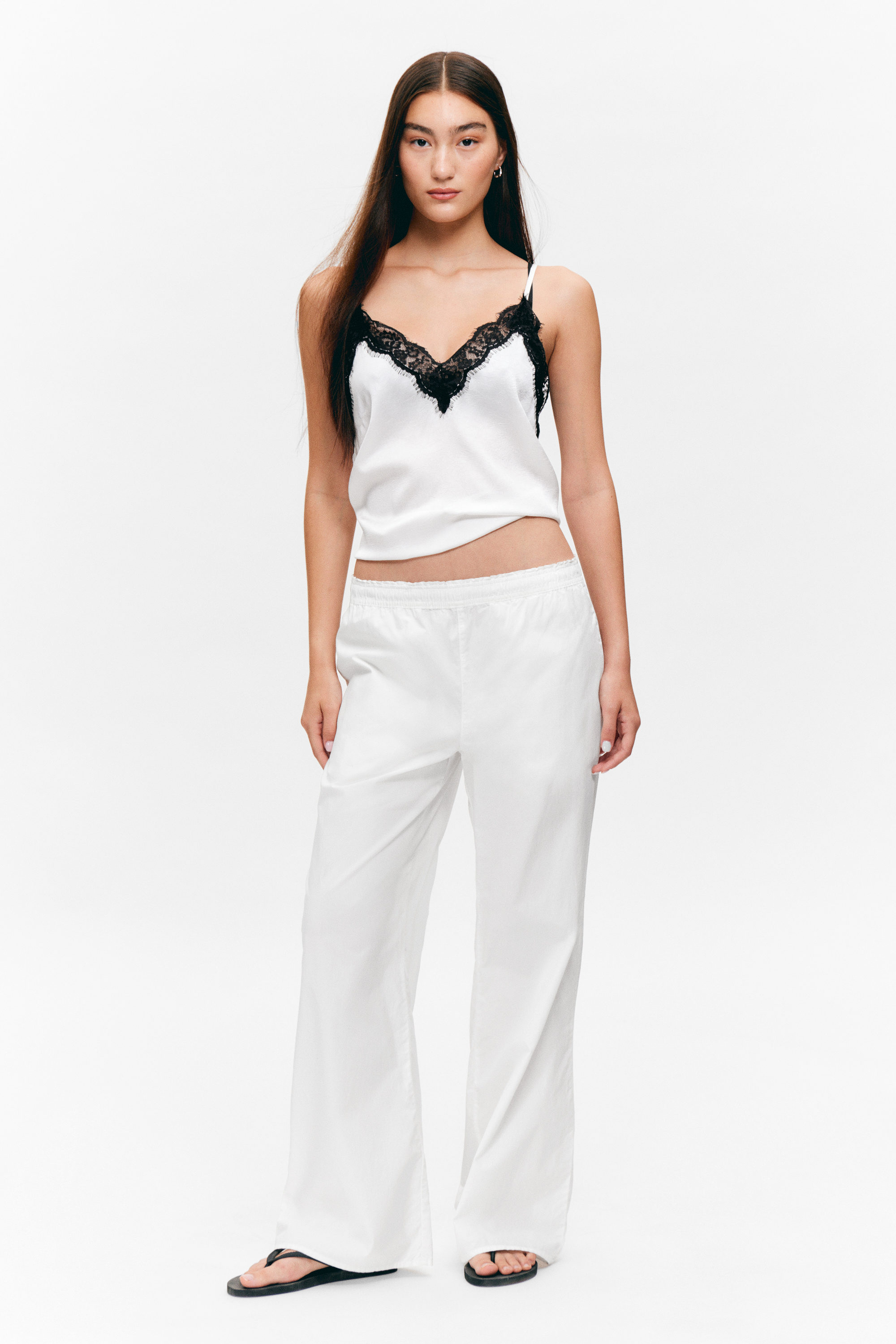 White - Wide Leg Cotton Poplin Pyjama Trousers - 2