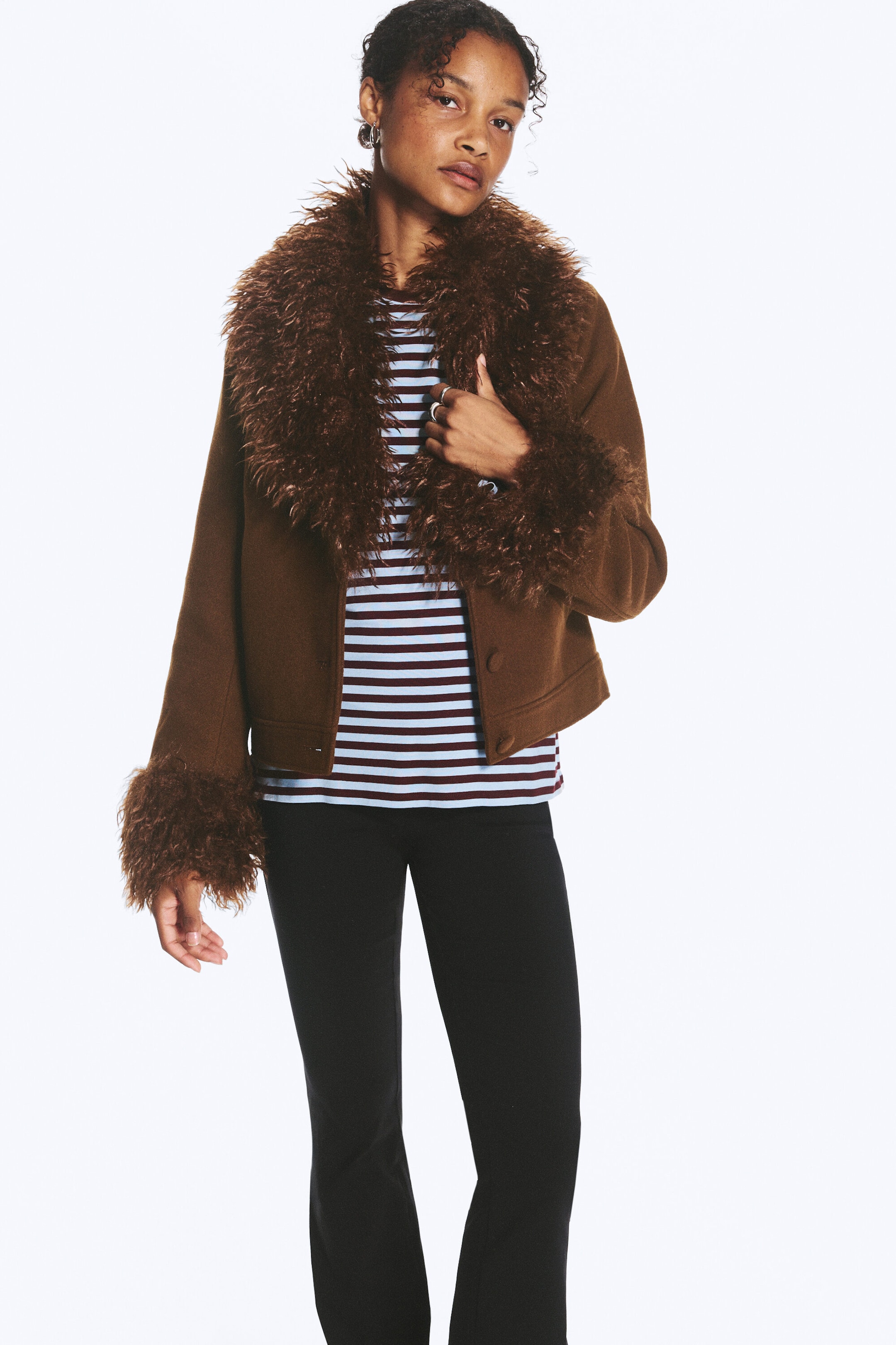 Dark Brown - Cropped Faux Fur Trim Jacket - 2