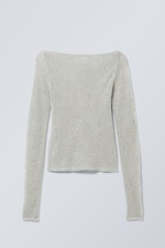 Grey - Net Rhinestone Long Sleeve Top - 1