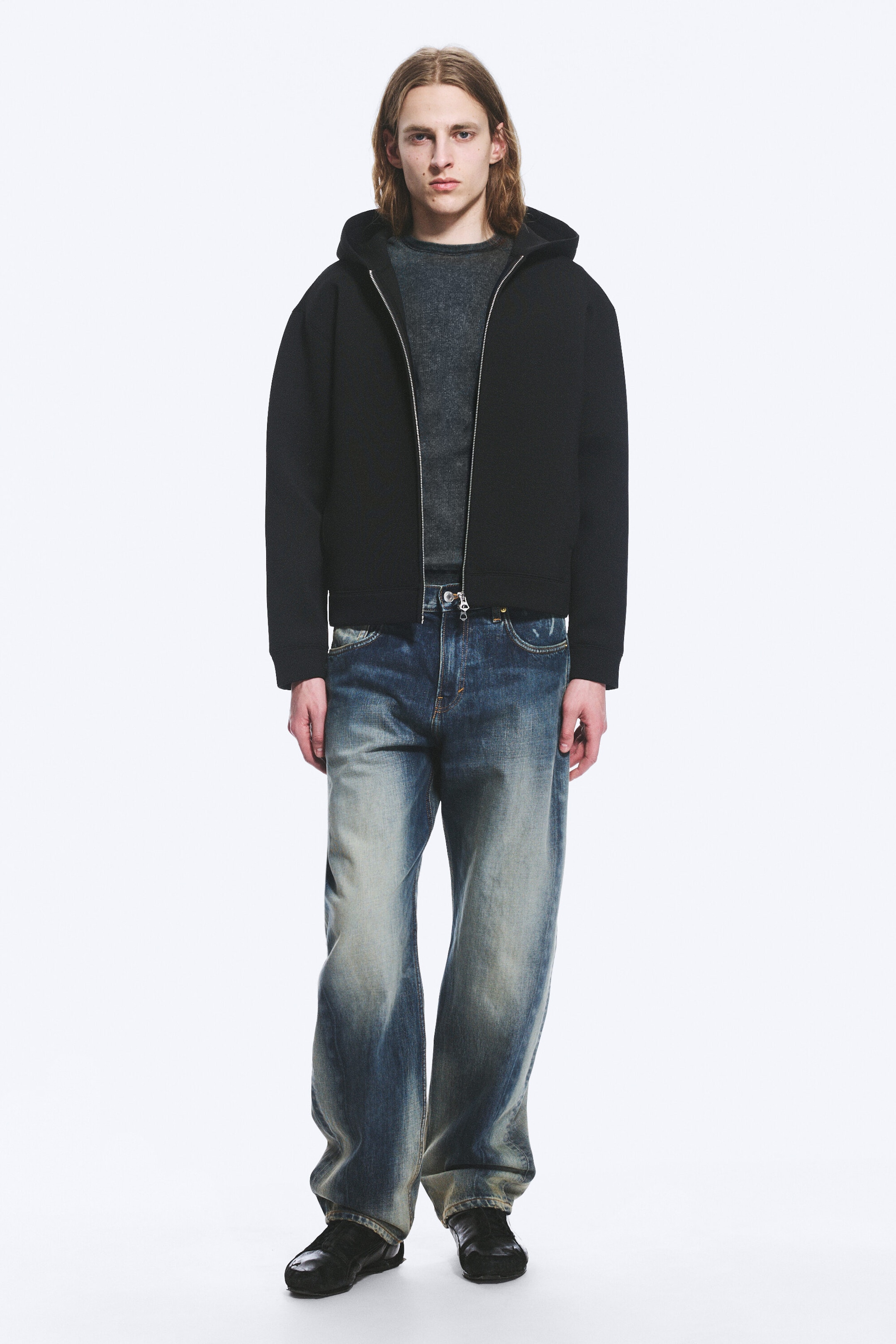 Svart - Strukturerad scuba-hoodie med dragkedja - 1