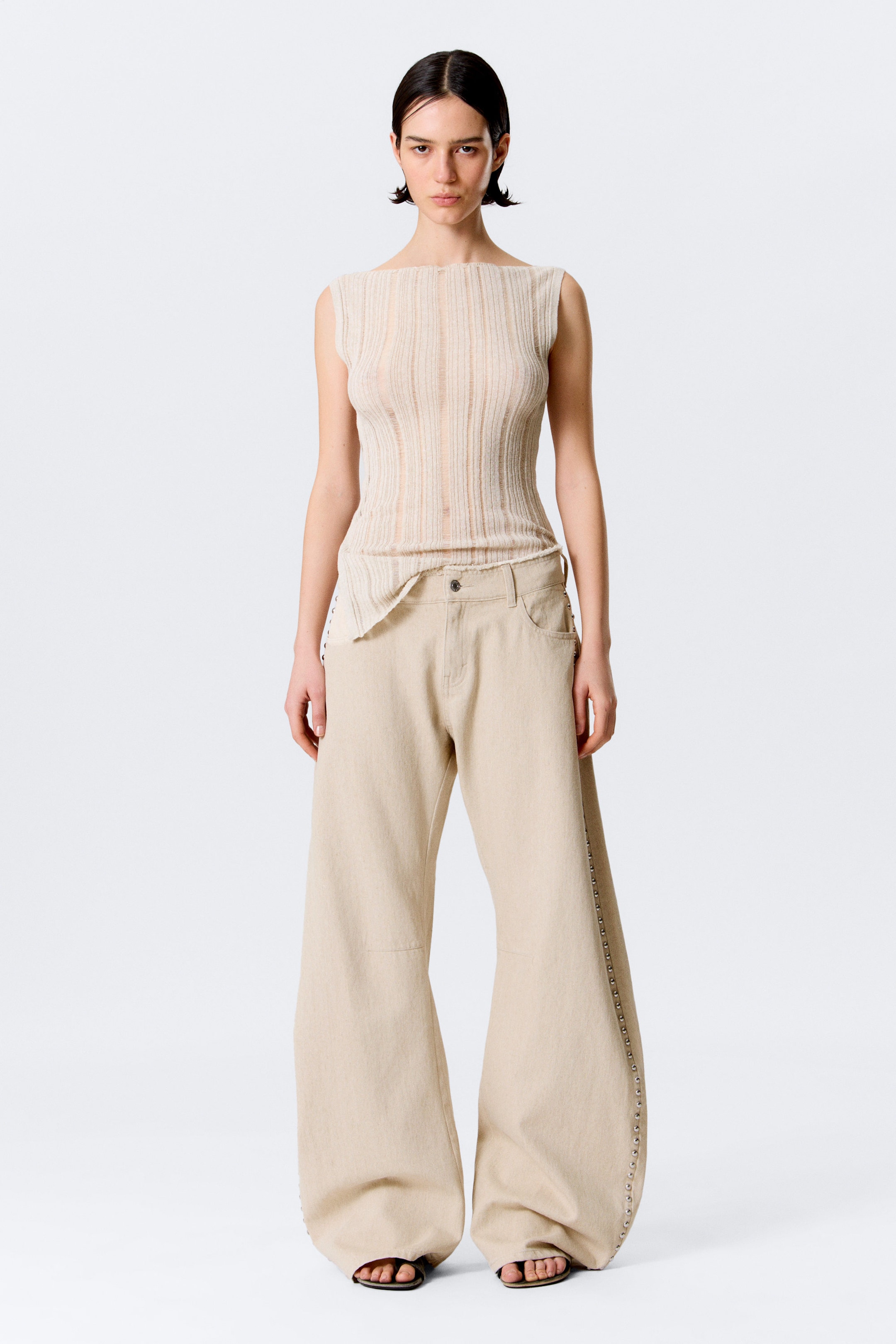Beige - Low Rise Loose Studded Balloon Trousers - 2