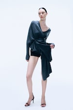 Dark Grey Melange - Knitted Combo Scarf Top - 1