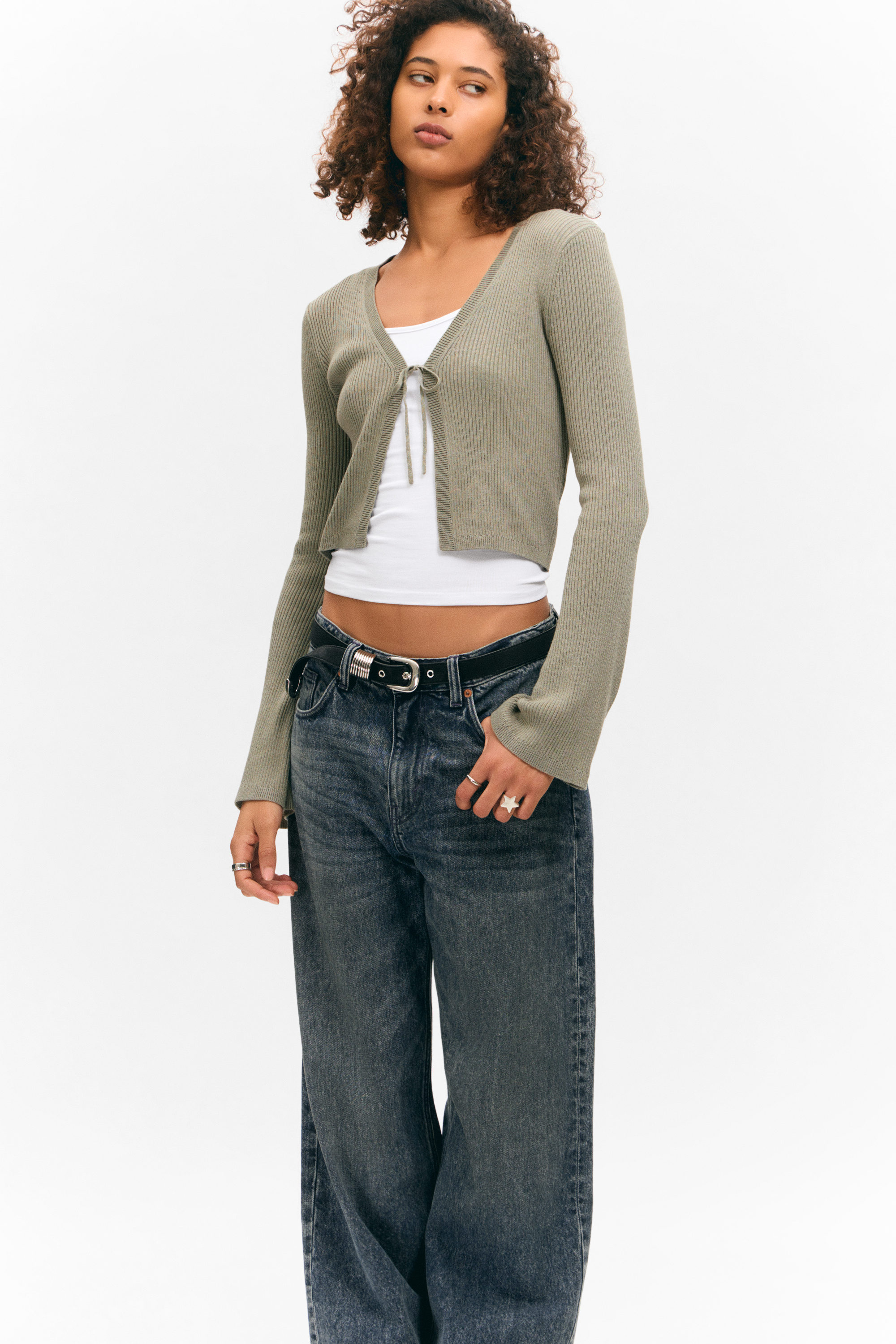 Khaki Green - Ribbed Tie-Front Cardigan - 1