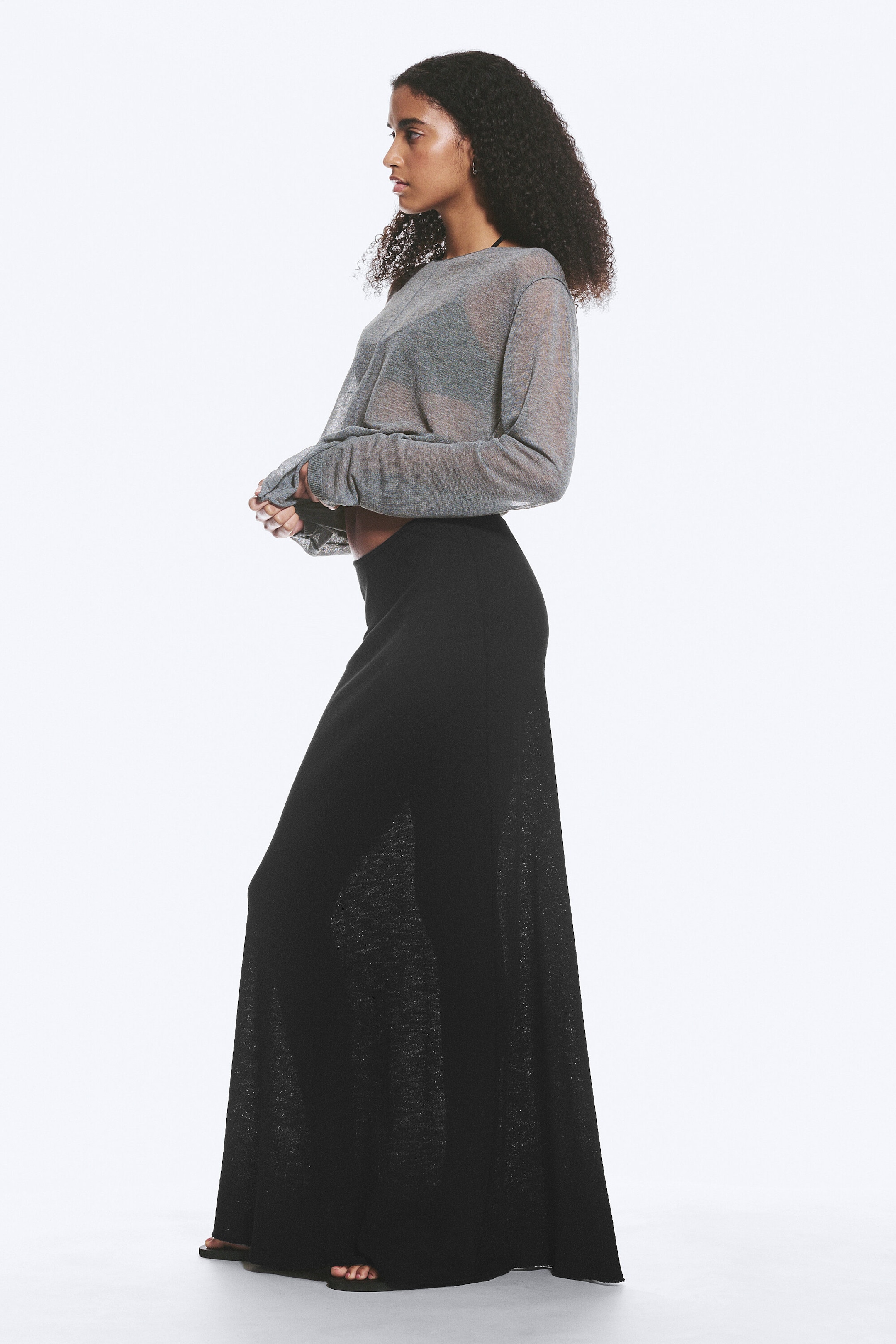 Black - Sheer Cotton Knit Maxi Skirt - 2