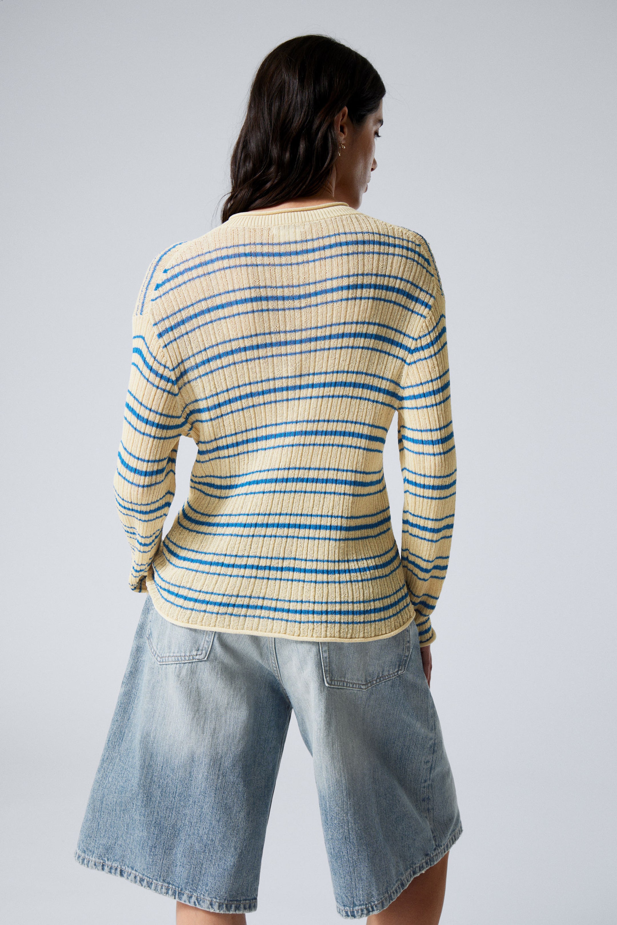 Light Yellow - Blue Stripes - Relaxed Knitted V-neck Sweater - 2