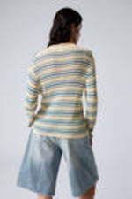 Light Yellow - Blue Stripes - Relaxed Knitted V-neck Sweater - 2