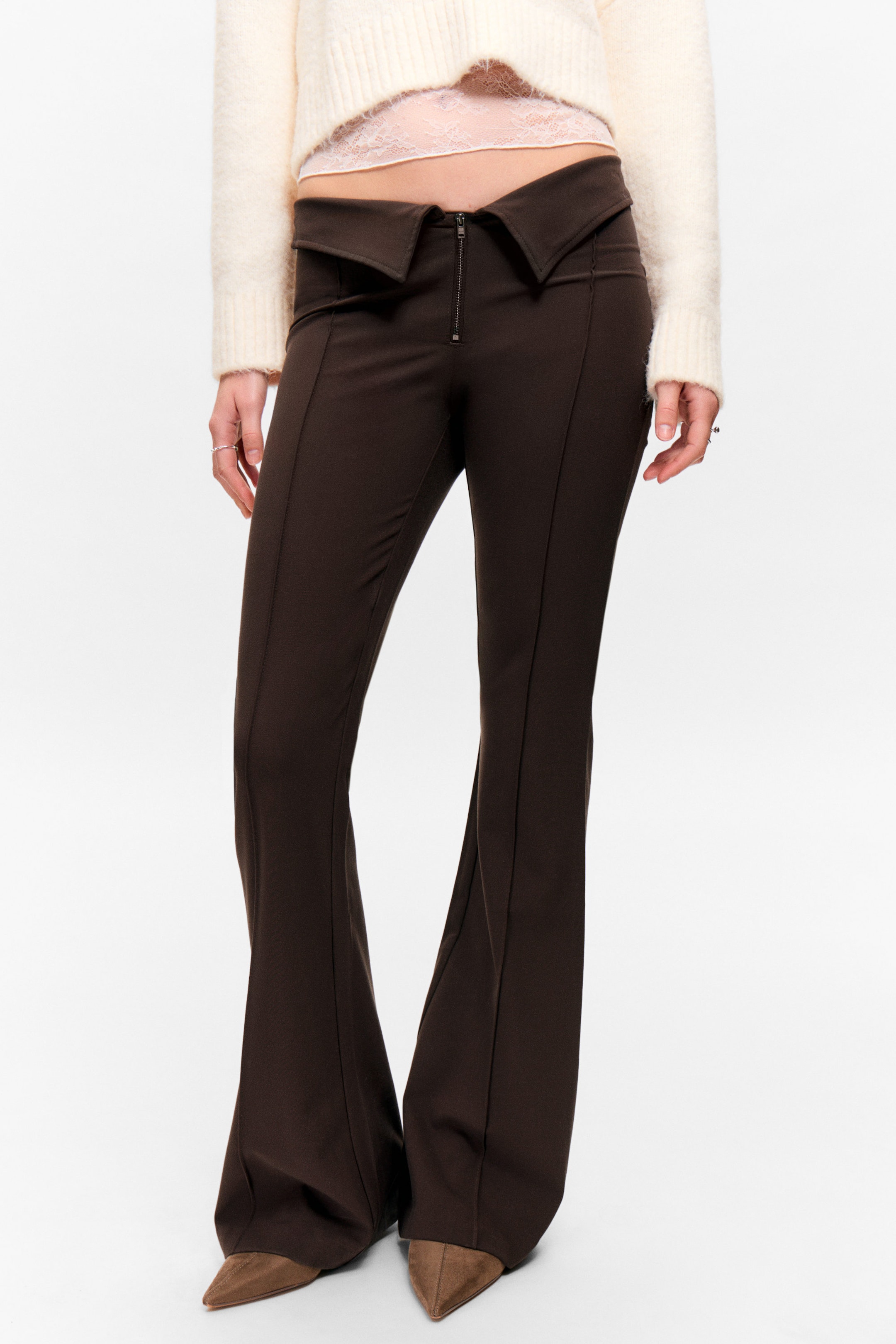 Dark Brown - Low Rise Flared Suit Trousers - 2
