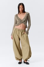 Dusty Khaki Green - YULIA B FRILLED KNITTED V-NECK CARDIGAN - 2