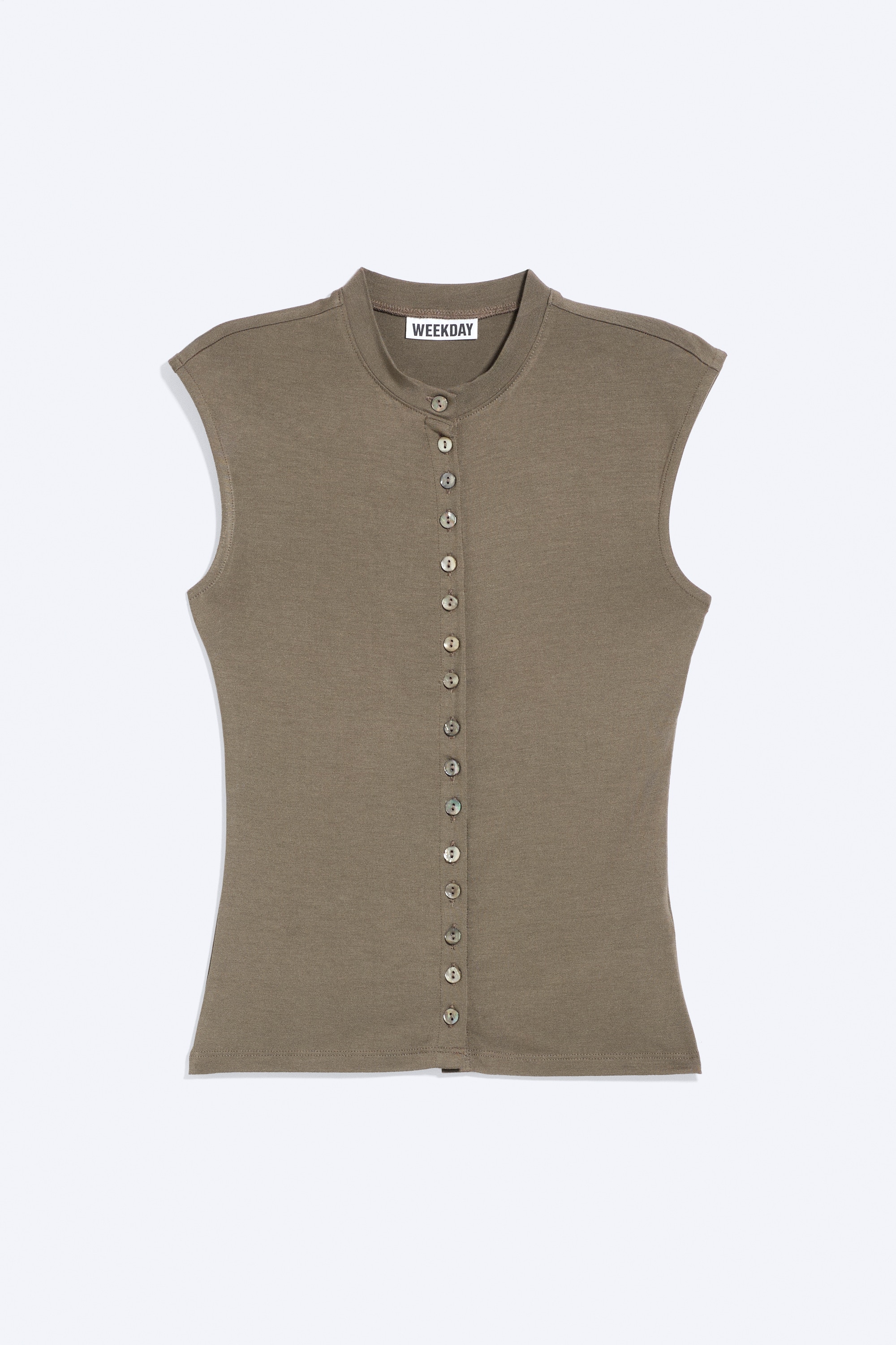 Top abotoado com botões de pérola - Cinzento sujo/Cinzento Pó Mesclado/Branco - Botões de Madrepérola/Preto - Botões Cor de Pérola